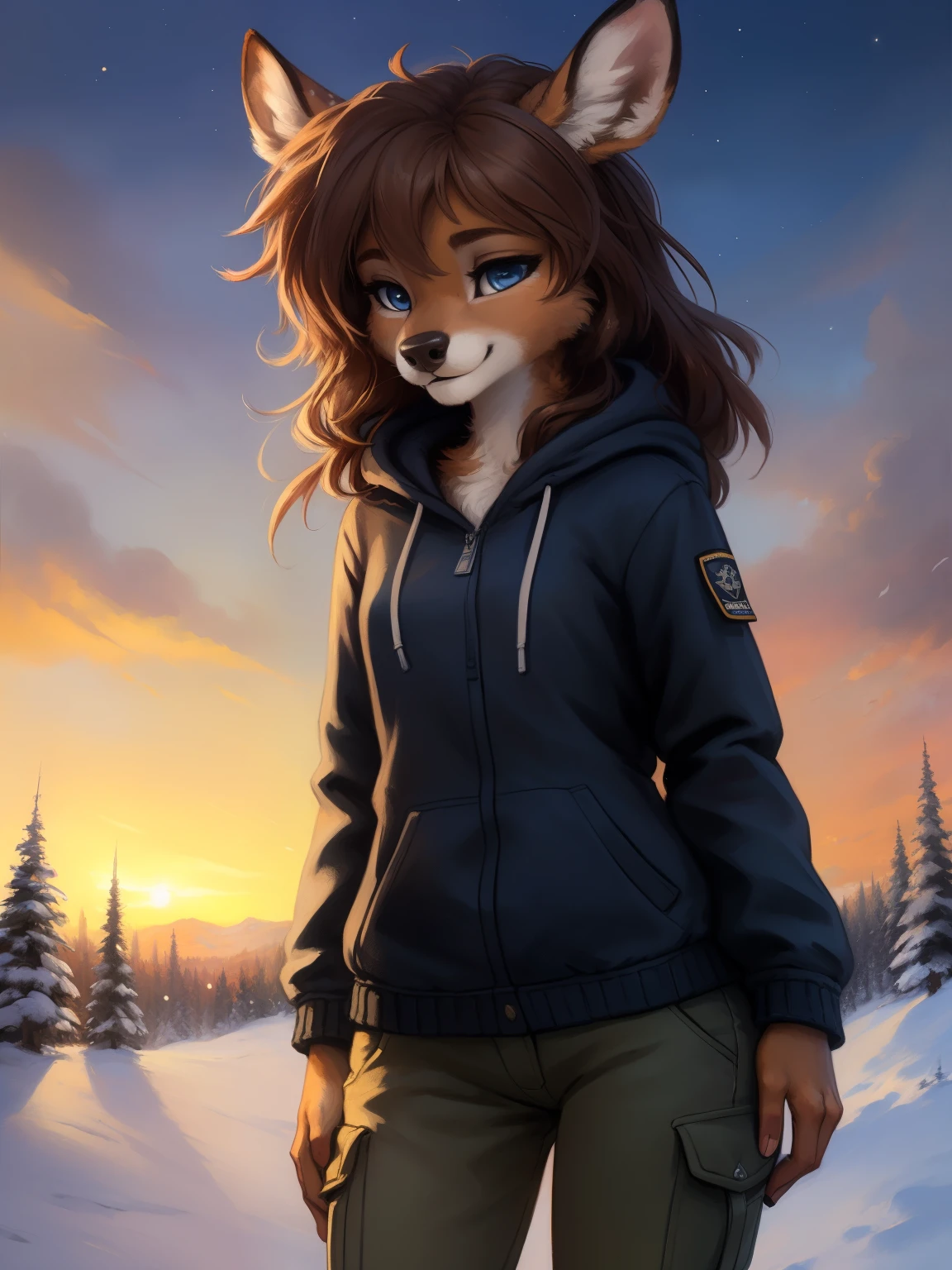 uploaded the e621, beautiful and detailed portrait of a (((female))) small very young solo teenage young anthro female deer doe with with small hips and a skinny body and ((clear navy blue eyes)),  ( small legs and hips :1.5), small pelvis, Slim waist,wearing a hoodie, a jacket and jeans cargo pants, long brown hair,  kenket, Ross Tran,ruan jia, uploaded to e621, zaush, foxovh, zenematic lighting, deer,full body, day, beautiful, messy hair, brown hair, 1girl, solo, night, smiling shyly, detailed,hair covering eyes, cameltoe,  winter sky,  black and brown hair, long hair floating in the wind, beautiful, (sublime: 1.0), (Extremely sensitive: 1.0), winter clothes