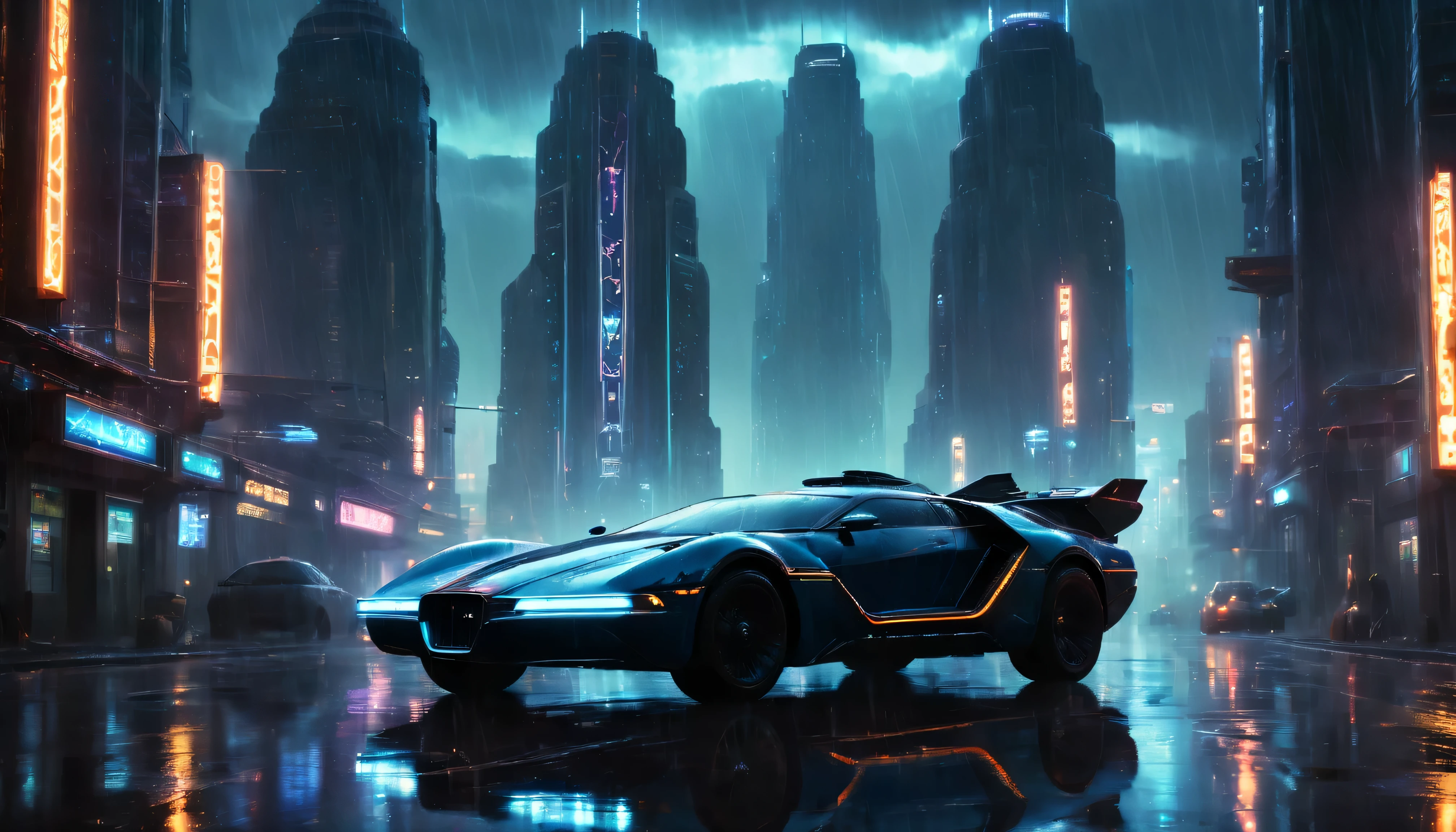 (best quality,highres),sci-fi,Blade Runner movie,flying car,cinematic shot,nighttime cityscape,neon lights,heavy rain,futuristic technology,UHD,moody atmosphere,urban decay,gritty and dark,industrial setting,chrome details,film noir aesthetic,retro-futuristic design,dystopian city,electric blue hues,bokeh lighting,rain-soaked streets,glowing advertisements,surreal ambiance,hauntingly beautiful,urban sprawl,reflections in puddles,hovering vehicles,atmospheric perspective,steam rising from the streets,blurred motion,immersive experience,cyberpunk vibes,artificial intelligence,apocalyptic future,sleek and futuristic,urban jungles,shadowy figures in the alleyways.