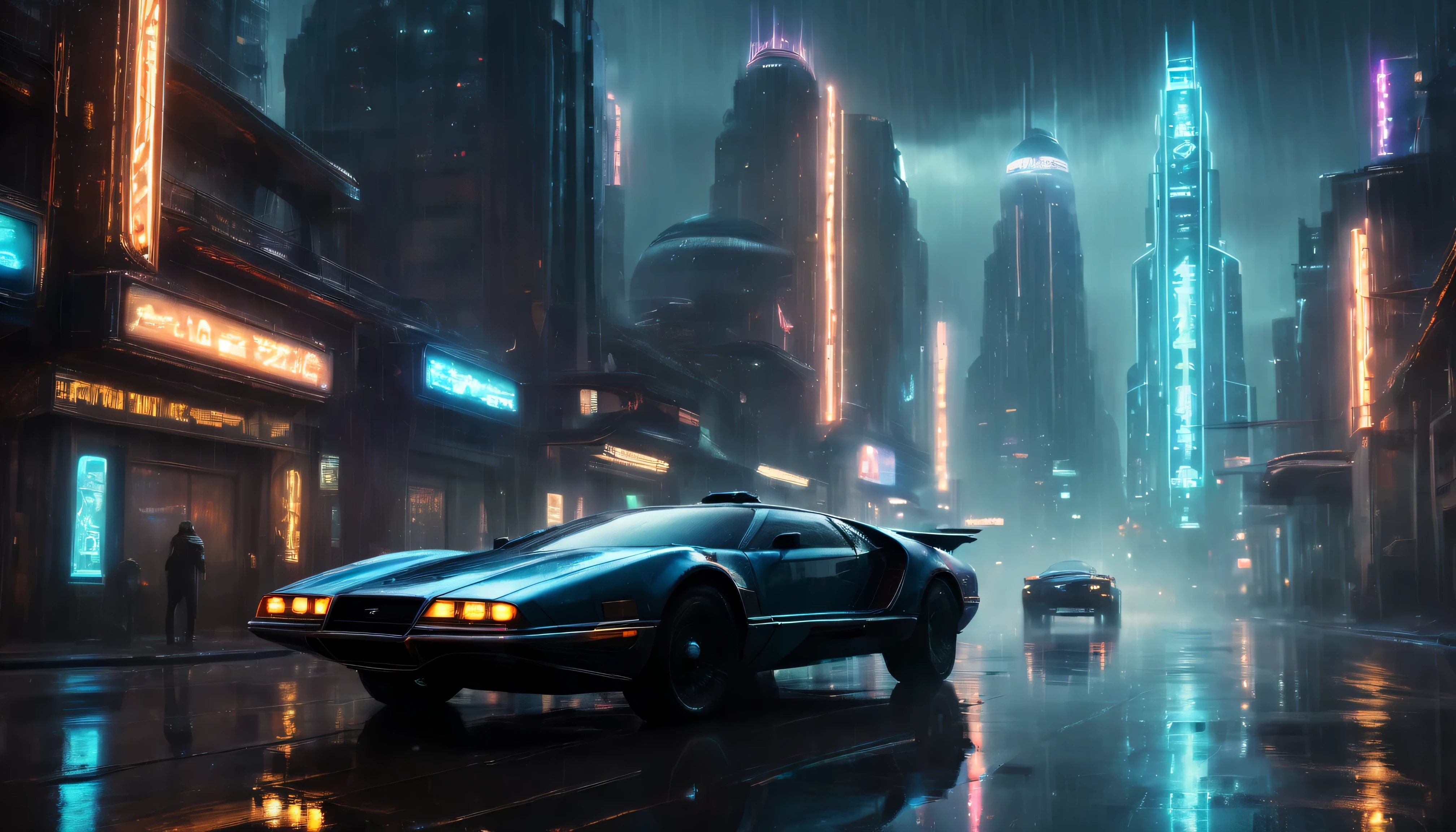 (best quality,highres),sci-fi,Blade Runner movie,flying car,cinematic shot,nighttime cityscape,neon lights,heavy rain,futuristic technology,UHD,moody atmosphere,urban decay,gritty and dark,industrial setting,chrome details,film noir aesthetic,retro-futuristic design,dystopian city,electric blue hues,bokeh lighting,rain-soaked streets,glowing advertisements,surreal ambiance,hauntingly beautiful,urban sprawl,reflections in puddles,hovering vehicles,atmospheric perspective,steam rising from the streets,blurred motion,immersive experience,cyberpunk vibes,artificial intelligence,apocalyptic future,sleek and futuristic,urban jungles,shadowy figures in the alleyways.