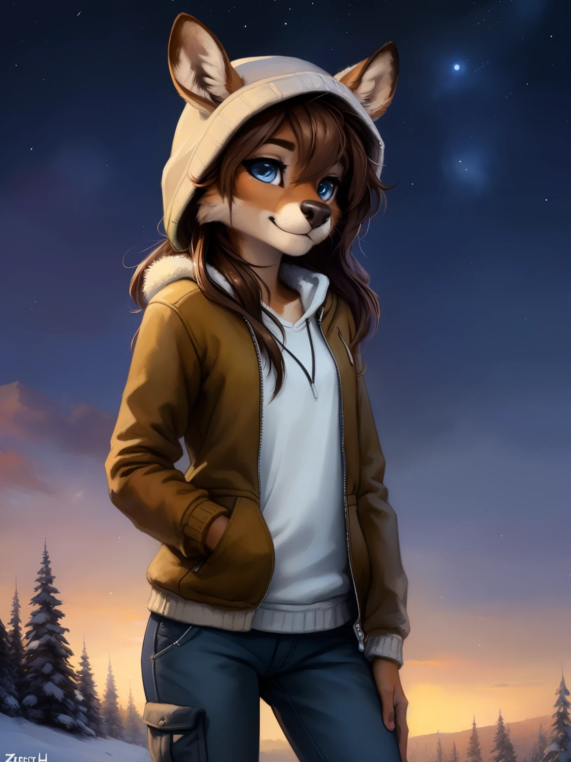 uploaded the e621, beautiful and detailed portrait of a (((female))) small very young solo age young anthro female deer doe with with small hips and a skinny body and ((clear navy blue eyes)), ( small legs and hips :1.5), small pelvis, Slim waist,wearing a hoodie, a jacket and jeans cargo pants, long brown hair, kenket, Ross Tran,ruan jia, uploaded to e621, zaush, foxovh, zenematic lighting, deer,full body, day, beautiful, messy hair, brown hair, 1girl, solo, night, smiling shyly, detailed,hair covering eyes, cameltoe, winter sky, black and brown hair, long hair floating in the wind, beautiful, (sublime: 1.0), (Extremely sensitive: 1.0), winter clothes