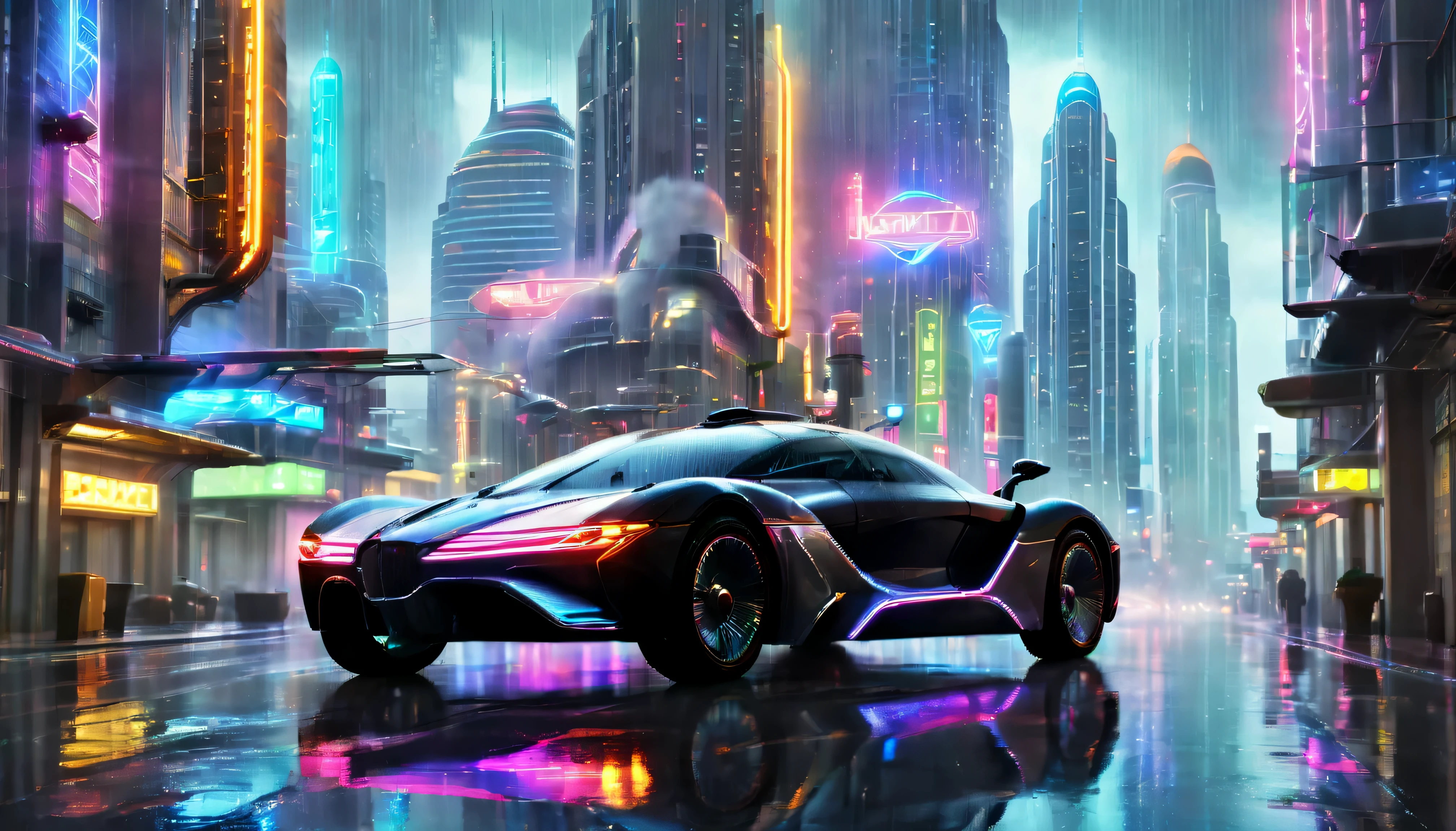 (best quality, highres, realistic, vivid colors), neon cityscape, futuristic city background, rain-soaked streets, bustling crowds, narrow alleyways, towering skyscrapers, futuristic vehicles, flying cars, night scene, city lights, steam rising from street grates, reflections in wet pavement.
