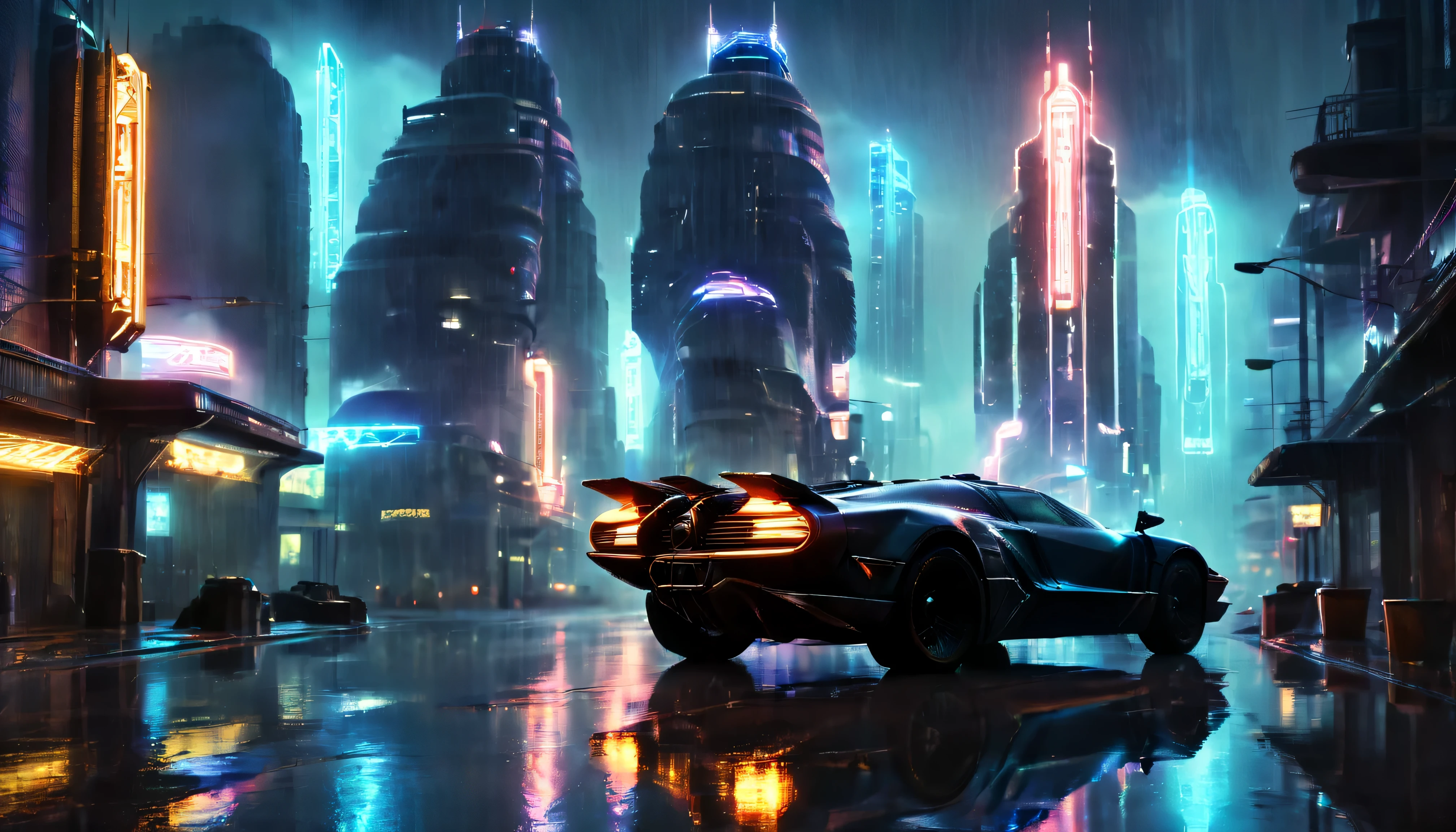 (best quality,highres),sci-fi,Blade Runner movie,flying car,cinematic shot,nighttime cityscape,neon lights,heavy rain,futuristic technology,UHD,moody atmosphere,urban decay,gritty and dark,industrial setting,chrome details,film noir aesthetic,retro-futuristic design,dystopian city,electric blue hues,bokeh lighting,rain-soaked streets,glowing advertisements,surreal ambiance,hauntingly beautiful,urban sprawl,reflections in puddles,hovering vehicles,atmospheric perspective,steam rising from the streets,blurred motion,immersive experience,cyberpunk vibes,artificial intelligence,apocalyptic future,sleek and futuristic,urban jungles,shadowy figures in the alleyways.