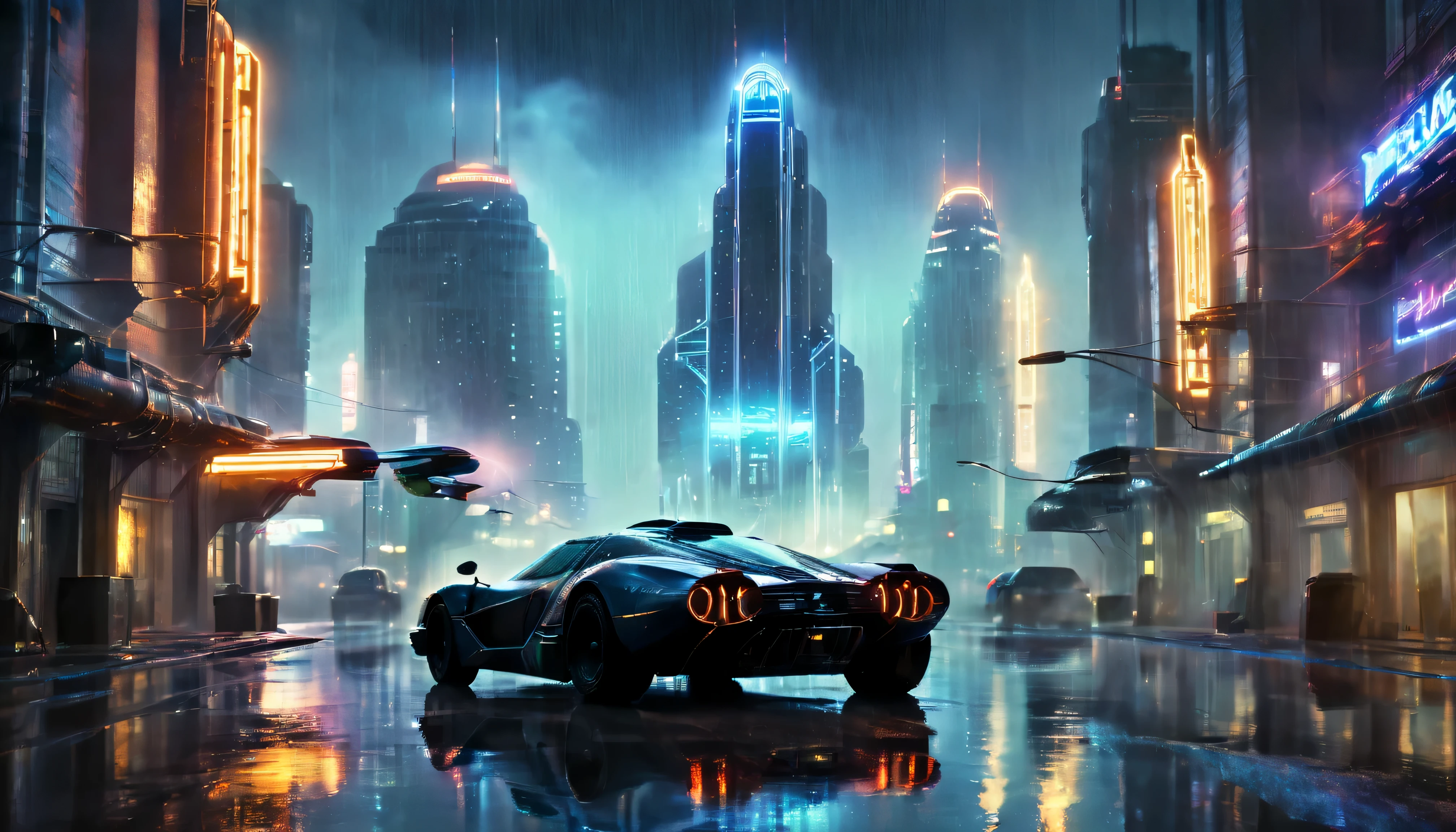 (best quality,highres),sci-fi,Blade Runner movie,flying car,cinematic shot,nighttime cityscape,neon lights,heavy rain,futuristic technology,UHD,moody atmosphere,urban decay,gritty and dark,industrial setting,chrome details,film noir aesthetic,retro-futuristic design,dystopian city,electric blue hues,bokeh lighting,rain-soaked streets,glowing advertisements,surreal ambiance,hauntingly beautiful,urban sprawl,reflections in puddles,hovering vehicles,atmospheric perspective,steam rising from the streets,blurred motion,immersive experience,cyberpunk vibes,artificial intelligence,apocalyptic future,sleek and futuristic,urban jungles,shadowy figures in the alleyways.