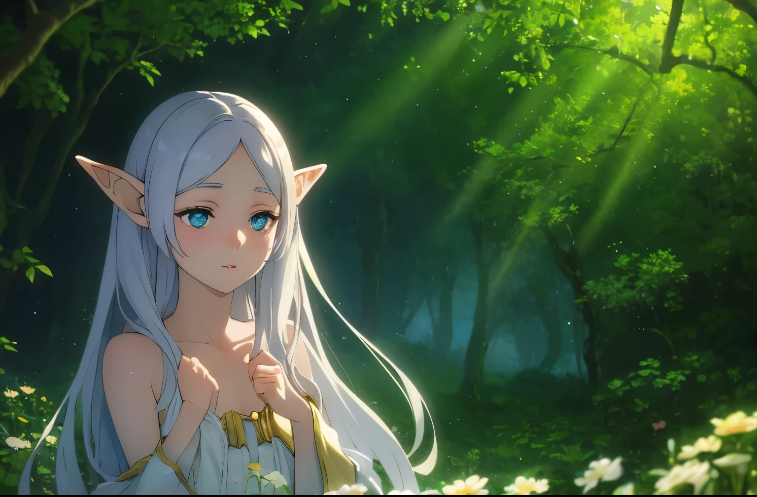 Elven girl with cute and seductive features, long and pointed ears, bright and vivid eyes, soft and delicate skin, rosy cheeks. She has an elegant and slender figure, dressed in a flowing, An ethereal gown made of shimmering moonlight satin. Her hair flows down in a cascade of glittering silver, Decorated with delicate flowers and twinkling stars. She exudes an atmosphere of mystery and magic, Exudes pure innocence and charm. The scene is set In the Magic Forest, Where sunlight passes through a dense canopy, Gives off a warm and gentle glow. The forest is full of bright colors and lush vegetation, Flowers of all colors bloom profusely. Butterflies gracefully fly through the air, And the birds sing sweet melodies on the tops of the trees. The artwork is created using a combination of watercolor and digital painting techniques, Gives a dreamy and whimsical quality. The colors are pastel and have a gentle atmosphere., subtle iridescent sheen. light is soft and diffuse, Create a warm and cozy atmosphere. Image quality is top notch, Ultra-fine details and rich textures. It captures the smallest nuances of the features of a girl, From the sparkle in her eyes to the softness of her lips. The artwork is incredibly realistic, Capture the essence of the scene with each stroke of the brush. The overall style of the artwork is、It's a blend of fantasy and realism, With a touch of innocence and surprise. Colors are bright yet harmonious, Evoking a sense of magic and enchantment. Lighting adds depth and dimension to the image, Create engaging and immersive experiences. In summary, Stable and diffuse prompts to generate high-quality images of cute elf girls: Elven girl with cute and seductive features, long and pointed ears, bright and vivid eyes, soft and delicate skin, rosy cheeks, flowing, An ethereal gown made of shimmering moonlight satin, cascades of glittering silver hair Decorated with delicate flowers and twinkling stars, In the Magic Fore