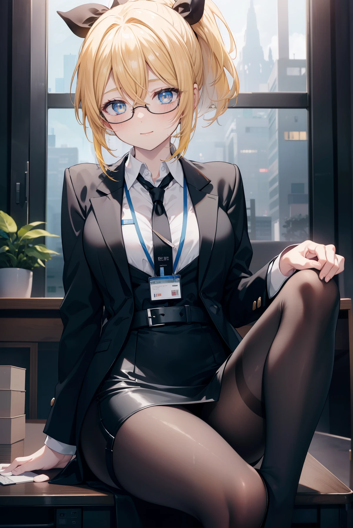 Area Yase, catalyst, yellow hair, blue eyes, ponytail, hair ribbon, 
OL,Black Abyss glasses, end, black suit jacket, collared jacket, white dress shirt, collared shirt, neckline, button, strap, ID card on the neck, black pencil skirt, black pantyhose, stiletto heels,smile, blush, looking at the viewer, charm, Mechanical,On a computer,sitting cross-legged on a chair, interior,touch typing ,　　　　　　　　　　　　　　　　　　　 break indoors, office,
break looking at viewer,
break (masterpiece:1.2), highest quality, High resolution, unity 8k wallpaper, (figure:0.8), (detailed and beautiful eyes:1.6), highly detailed face, perfect lighting, Very detailed CG, (perfect hands, perfect anatomy),