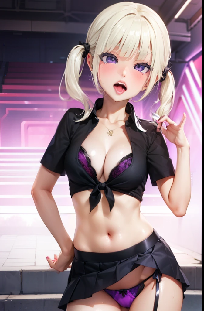 standing with legs apart、 1 cute anime girl, highest quality、ウルトラ - High resolution、High resolution、Detailed CG、8k unit wallpaper、20-year-old、beautiful and detailed eyes,platinum blonde hair、Pigtails、(((black and purple super shiny latex panties)))、((( black skin , Shirt with tie , cropped shirt , pleated skirt , cleavage ,)))、(shiny body,:1.5)、 please be shy、(Ahegao:1.5)、(Stick out your tongue and drool)、full of embarrassment、