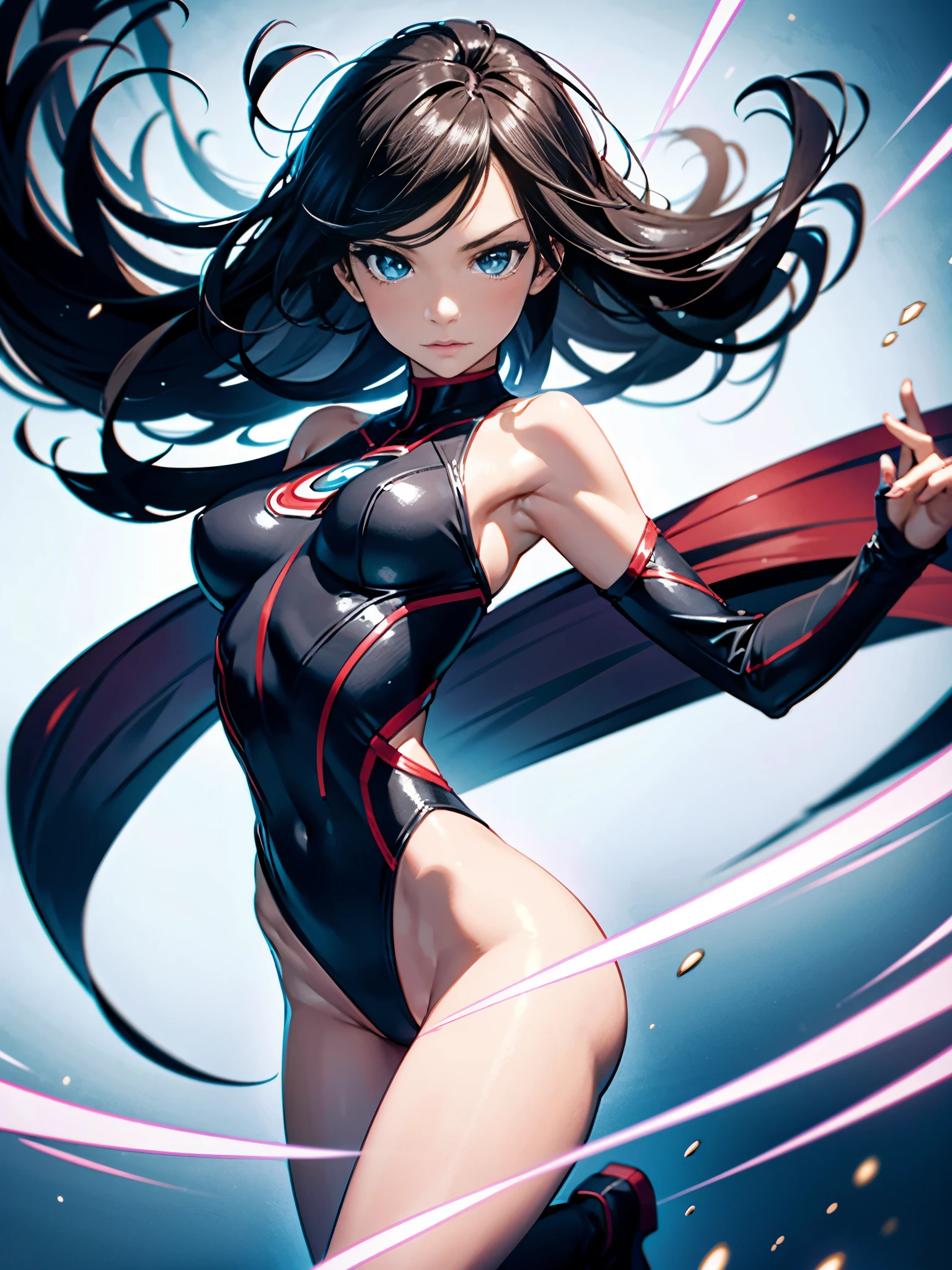1girl, solo focus, superhero, leotard, highleg leotard, bare legs, boots, mature lady, spinning her body in rapid speed like a tornado, wind swirls, rapid gyration, tornado spinning girl, tornado spin, turning to a whirlwind, ultra highres, absurdres, beautiful face, detailed eyes, symmetric eyes