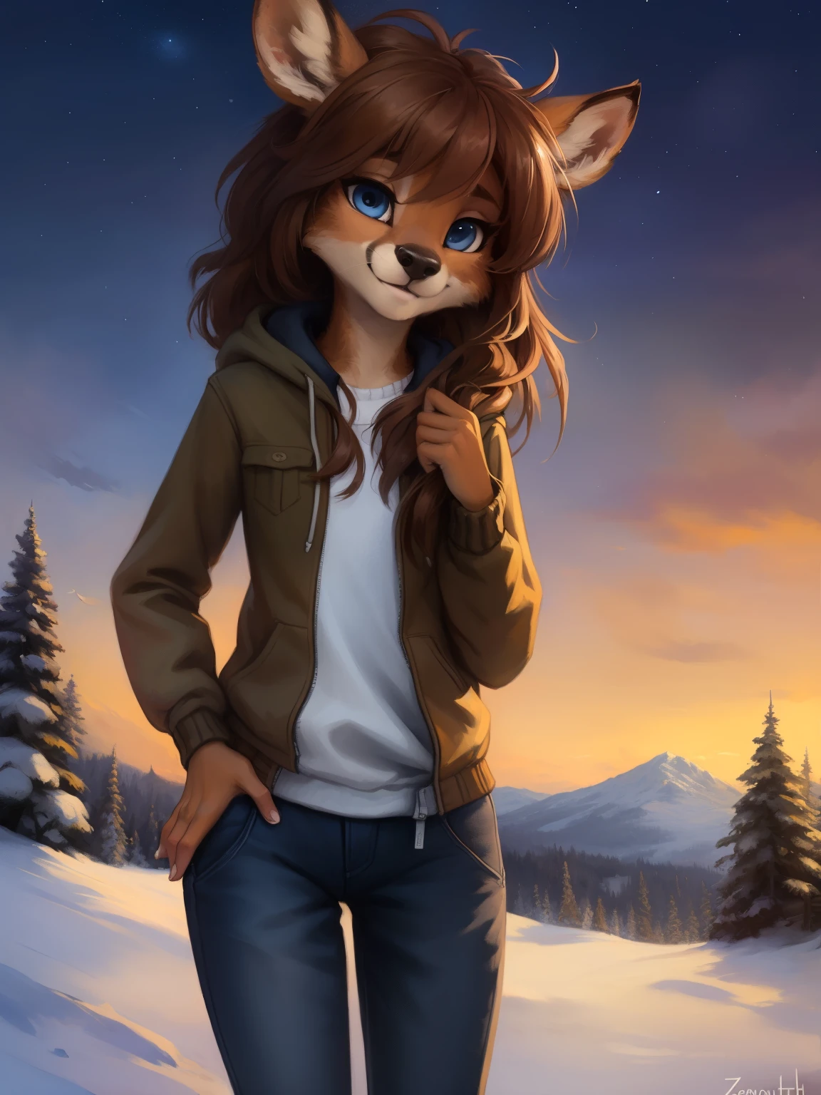 uploaded the e621, beautiful and detailed portrait of a (((female))) small very young solo teenage young anthro female deer doe with with small hips and a skinny body and ((clear navy blue eyes)),  ( small legs and hips :1.5), small pelvis, Slim waist, wearing a comfy winter fullbody pijama, inside of a warm and cozy house or room, long brown hair,  kenket, Ross Tran,ruan jia, uploaded to e621, zaush, foxovh, zenematic lighting, deer,full body, day, beautiful, messy hair, brown hair, 1girl, solo, night, smiling shyly, detailed,hair covering eyes,  winter sky,  black and brown hair, long hair floating in the wind, beautiful, (sublime: 1.0), (Extremely sensitive: 1.0), 