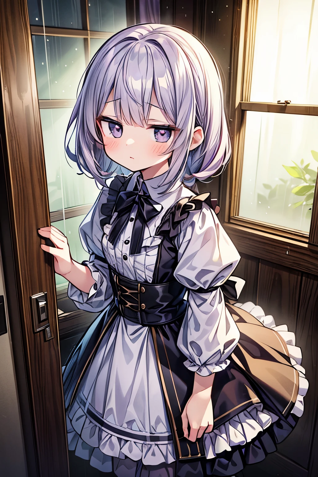 ((Masterpiece)), (Anime:1.3), ((best quality)), (RAW photo:1.2), (High Definition:1.3), (Professional Photography:1.2), (gloomy lighting), cute teenage girl, pale purple hair, (12 years old), extremely delicate and beautiful, cute, (anxious look), energetic, active, anime, 1girl, cute, soft lighting, black eyes, labyrinth, (Mysterious and Old Western House:1.3), Alice, door, incandescent bulb, (rain outside the window), Gorgeous frames,