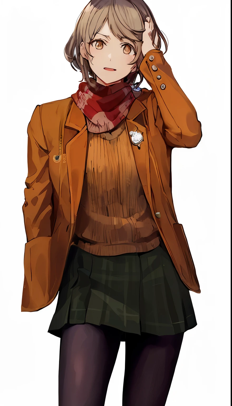 a woman in a brown jacket and a red scarf, Chiaki Nanami de Danganronpa, arte digital de danganronpa, protagonista feminina 👀 :8, roupas de detetive, roupas de professor, detalhes do corpo inteiro, ( ( arte conceitual do personagem ) ), dicas de yayoi kasuma, made with anime painter studio, makoto shinka, personagem disco elysium