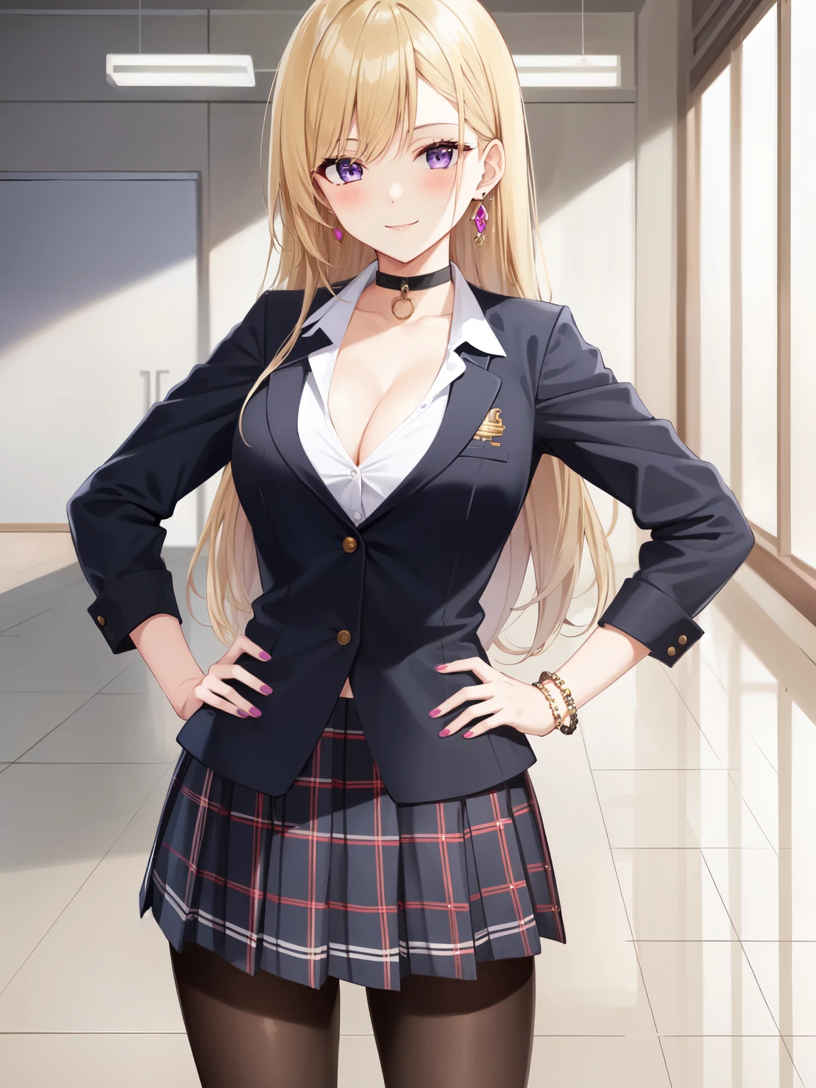 masterpiece, best quality, 1girl, blonde hair, purple eyes, gyaru, pale skin, school uniform, , cleavage, (black bra:0.4), plaid skirt, black choker, pink fingernails, earrings, bracelet, light smile, hands on hip