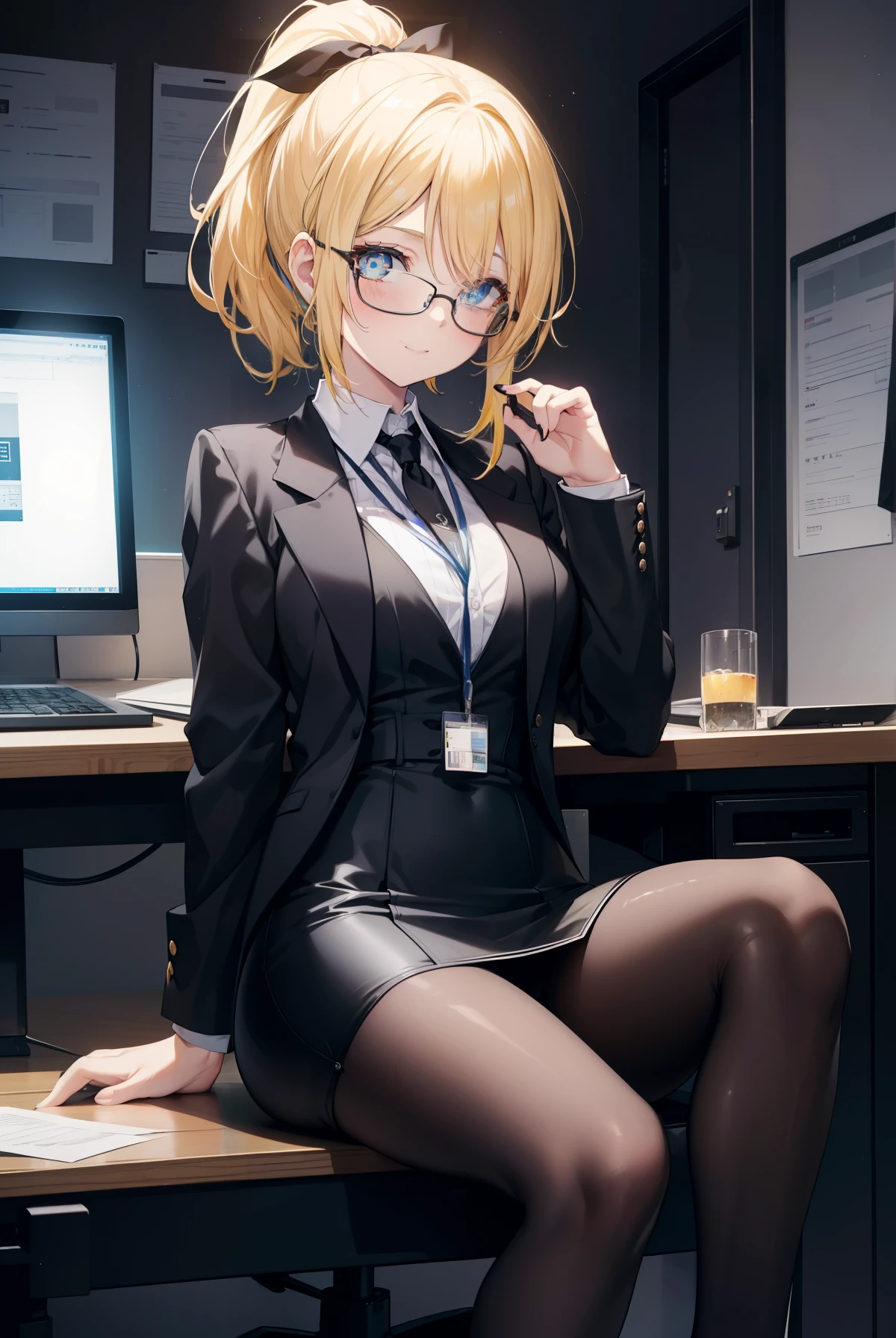 Area Yase, catalyst, yellow hair, blue eyes, ponytail, hair ribbon,
OL,Black Abyss glasses, end, black suit jacket, collared jacket, white dress shirt, collared shirt, neckline, button, strap, ID card on the neck, black pencil skirt, black pantyhose, stiletto heels,smile, blush, looking at the viewer, charm, Mechanical,On a computer,sitting cross-legged on a chair, interior,touch typing , break indoors, office,
break looking at viewer,
break (masterpiece:1.2), highest quality, High resolution, unity 8k wallpaper, (figure:0.8), (detailed and beautiful eyes:1.6), highly detailed face, perfect lighting, Very detailed CG, (perfect hands, perfect anatomy),