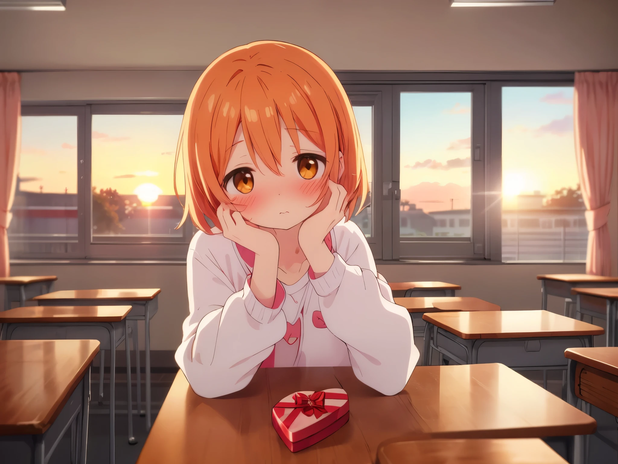 The classroom turns orange as the setting sun shines through it、（give out valentine chocolate）、blush、embarrassing、