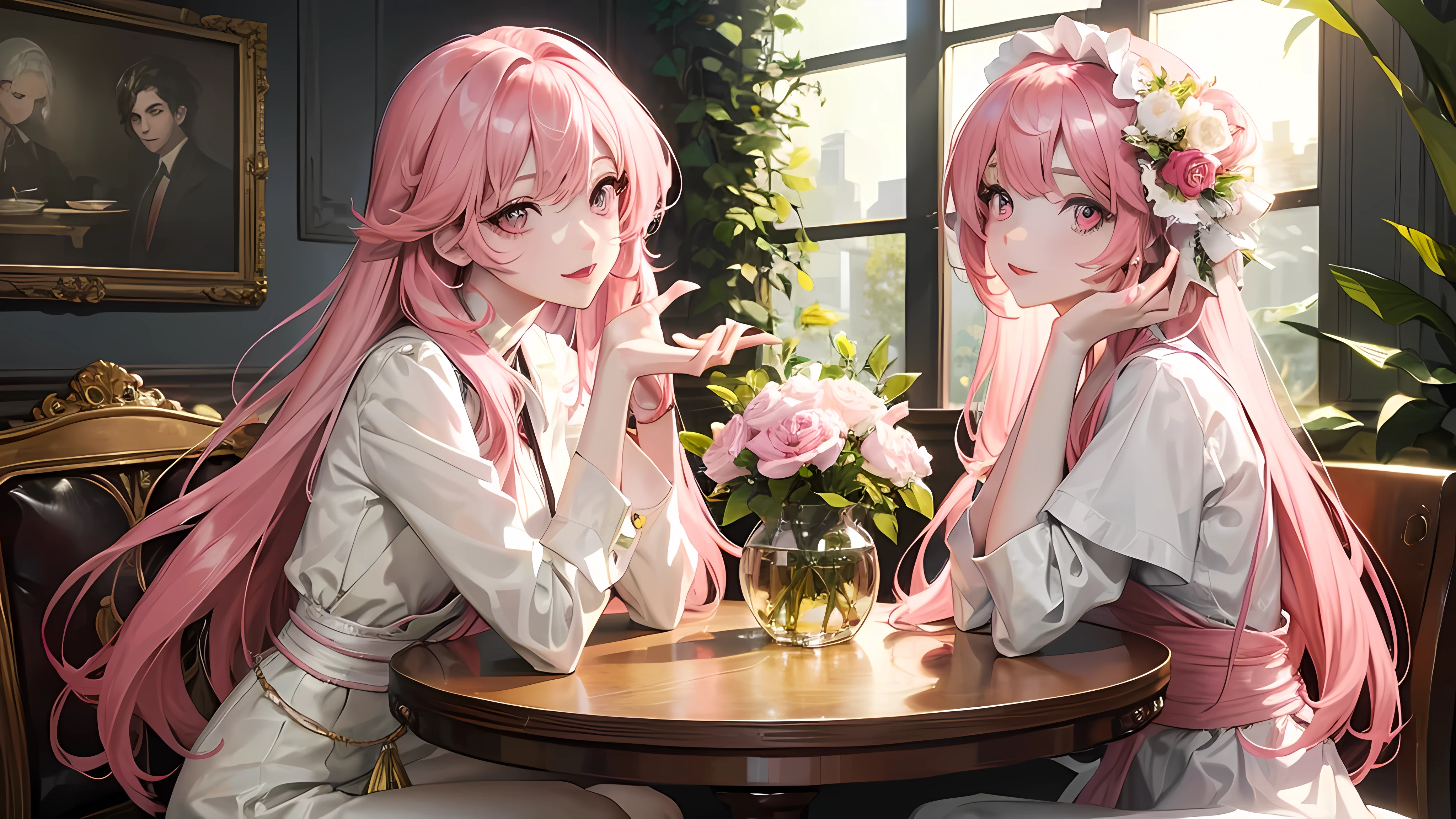 Sit at a table with sunlight shining into the coffee window、 Long pink hair, Dynamic Pose, Skin Texture, pale skin, Shiny skin, [:(sharp focus on face, Detailed face, Perfect eyes, Looking at Viewer:1.2):0.2], Photorealistic, Film grain, Best Quality, Woman with flowers in her hair、straight haired、Pink eyes、A smile、stare、ta、from waist up、Looking at the camera