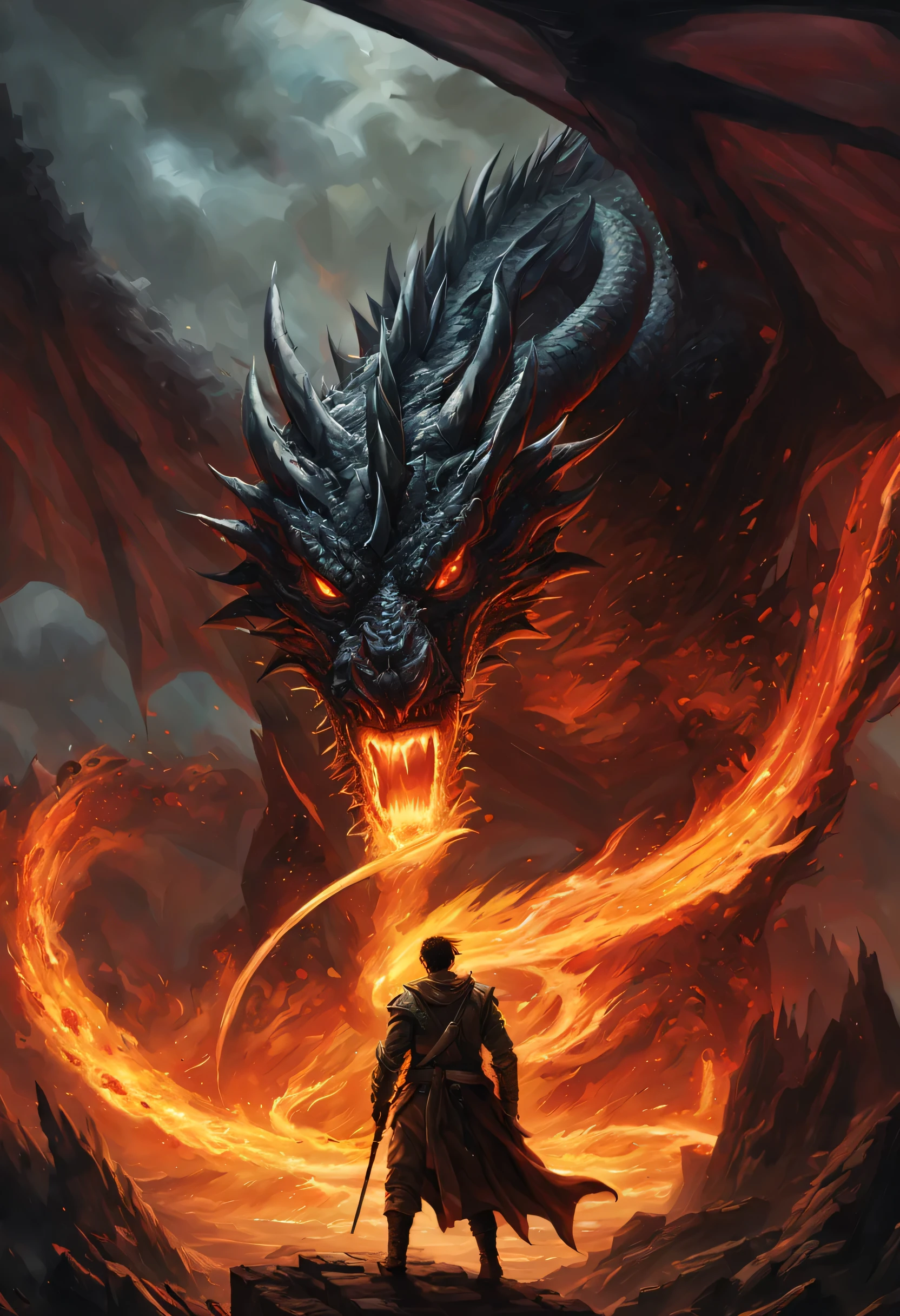 "Amidst the turbulent storm of destiny, a lone hero stands against the fiery wrath of a colossal dragon, their clash immortalized on canvas in a wet-on-wet oil painting. The epic battle, a pivotal moment that will determine the fate of the world, unfolds in a masterpiece of dynamic composition and heroic grandeur.

In the foreground, the hero, a figure of unparalleled courage and strength, wields their weapon with fierce determination, facing off against the towering kaiju demon in an epic struggle of good versus evil. Each brushstroke captures the intensity of their confrontation, imbuing the scene with an atmosphere of impending doom and unyielding resolve.

As the dragon emerges from the darkness, its scales aglow with the burning fire of its breath, the thin veil of darkness that surrounds them adds depth to the composition, accentuating the contrast between light and shadow. Above, dark clouds swirl ominously in the black sky, casting an eerie glow upon the battlefield below.

This is no mere painting; it is a legend in the making, an inspiring and hype image that evokes strong feelings of awe and admiration. With its elements of dark fantasy, magic, and curses, it transports the viewer to a world where the fate of humanity hangs in the balance, and the hero's bravery shines as the last hope against overwhelming darkness.