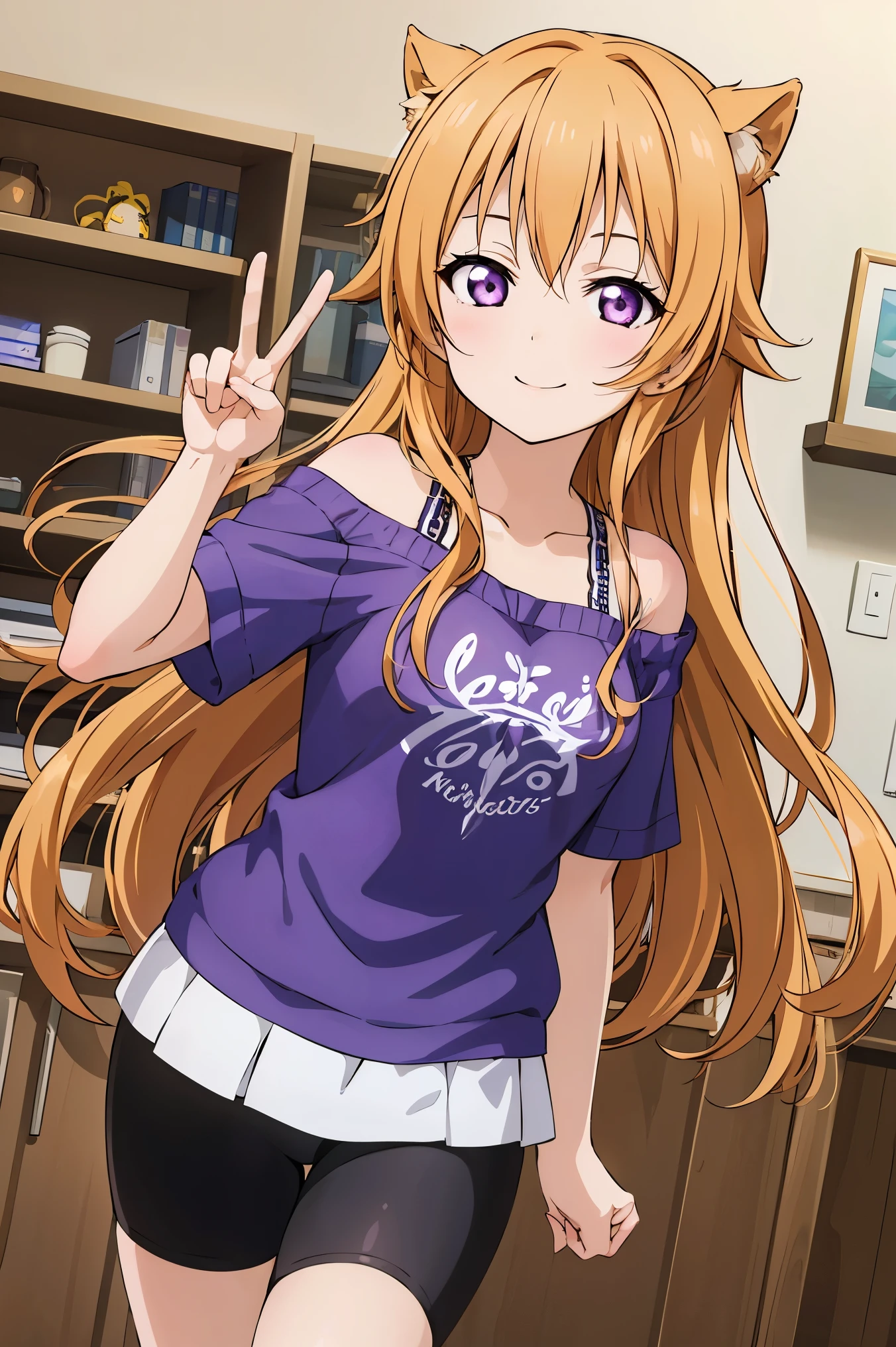 (best quality, masterpiece:1.2), (1girl, solo:1.2), cute, smile, detailed background, (looking at viewer, solo focus:1.2),
Konoe kanata, long hair, straight hair, purple eyes, blonde hair, off shoulder, purple shirt, short sleeves, bike shorts, standing, two peace sign, solo focus,