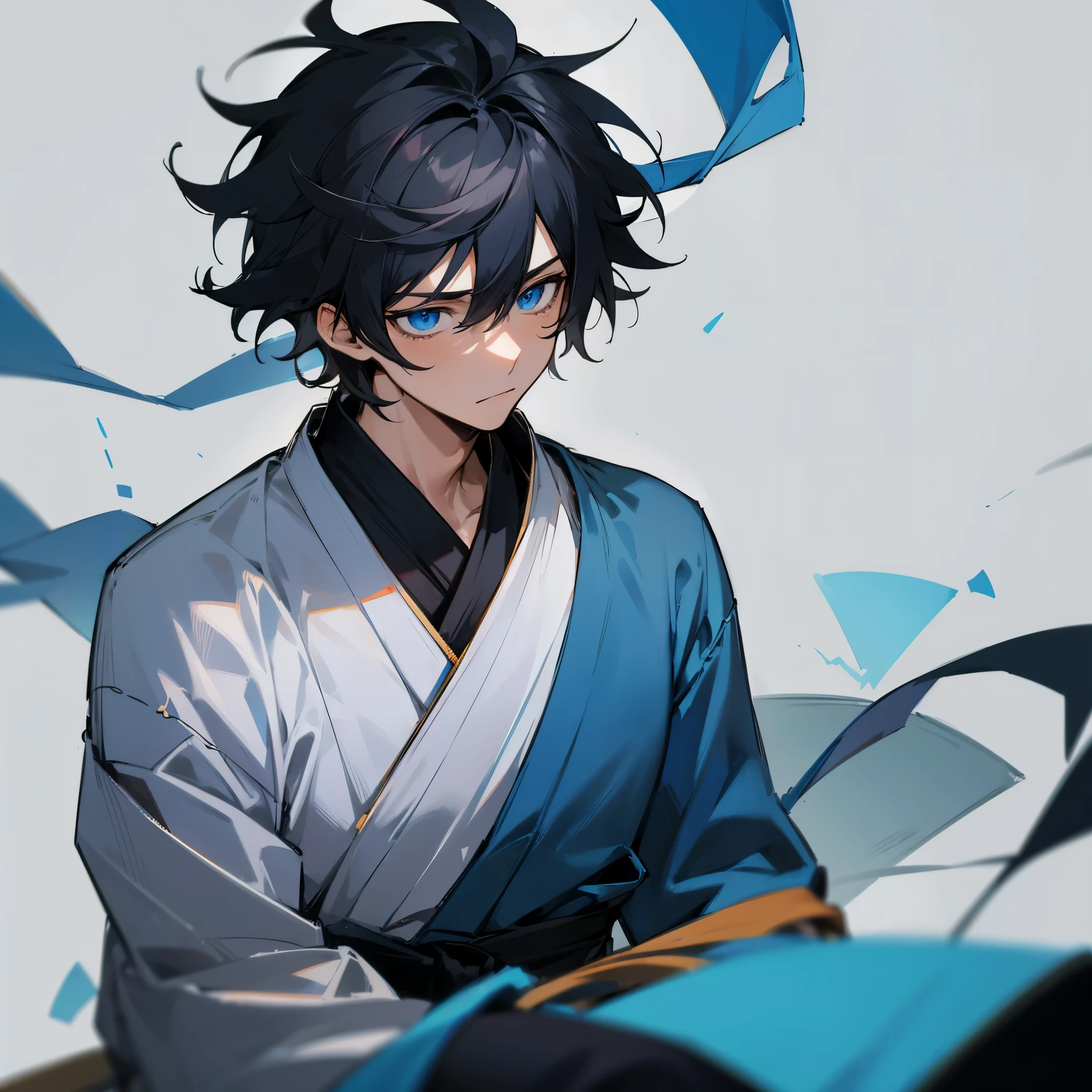 1male , Blue Yukata , Fitted Clothing , Black Hair ,Messy Hair,Young Male , Dojo Background , Calm Expression , Masterpiece Quality , Perfect Generation , Young Male , Blackish Blue Eyes