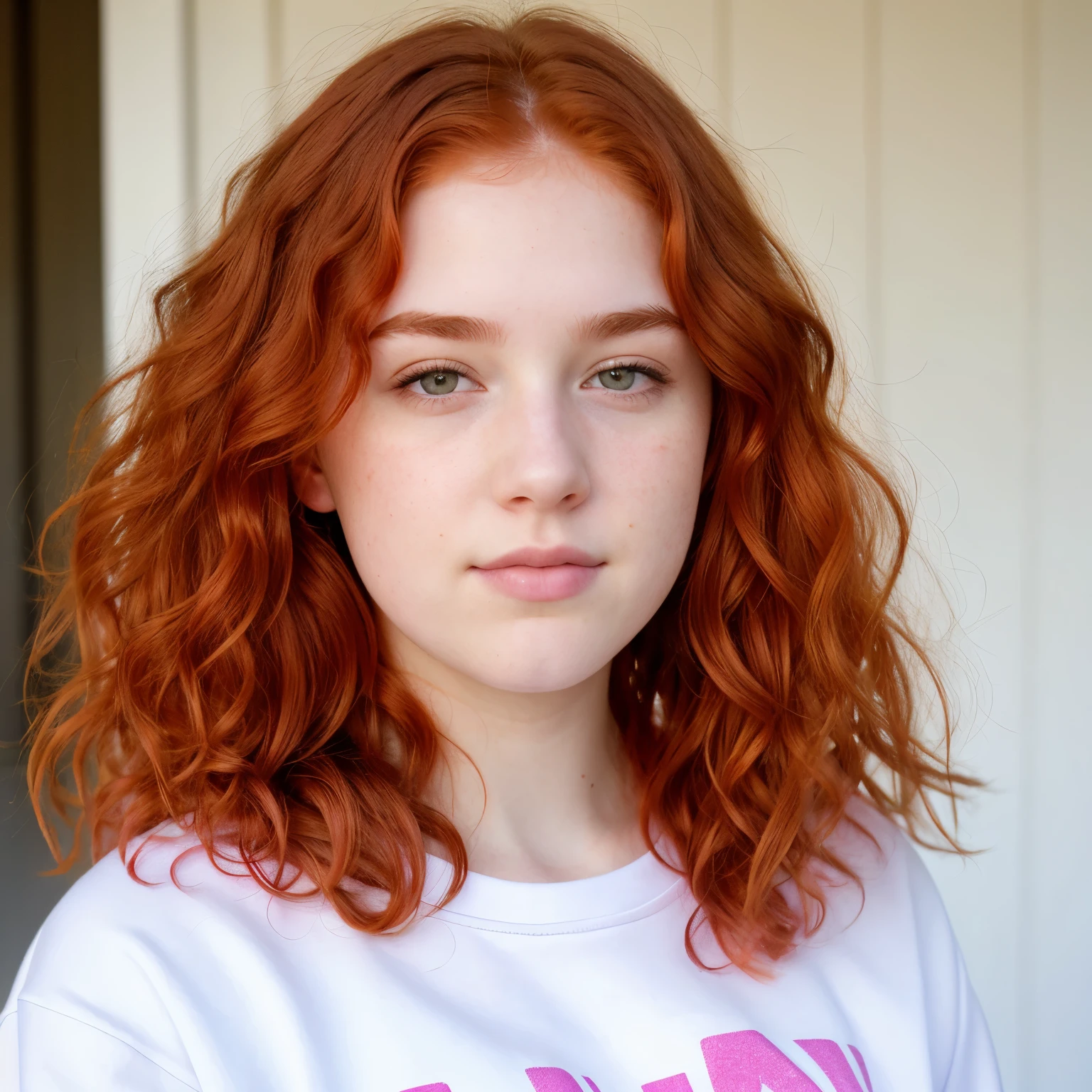 teen, pawg, redhead hair, curly hair, pale skin, white skin, with sweatshirt pink, realistic