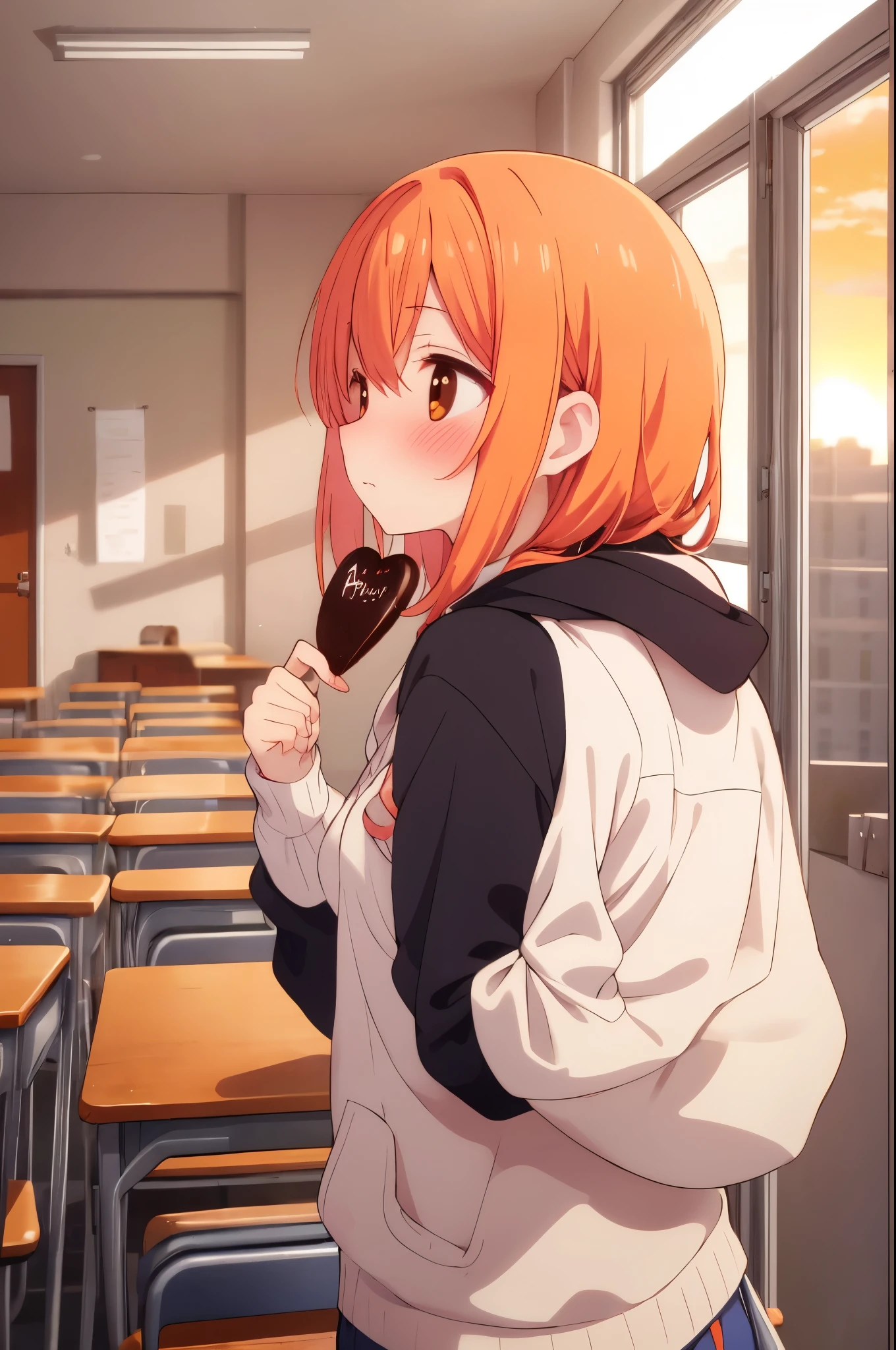 The classroom turns orange as the setting sun shines through it、give out valentine chocolate、blush、She hands him the chocolate while shyly looking away.