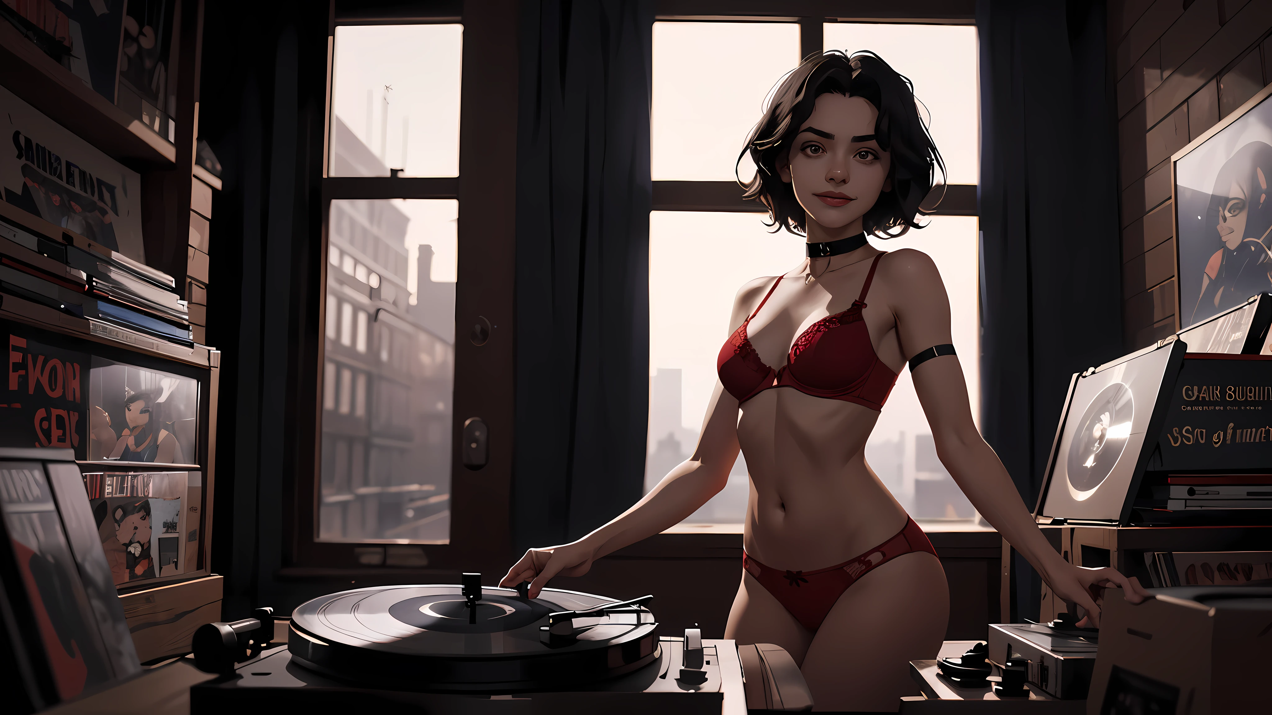 18 year old girl, short black hair, big sad eyes, sweet smile, small breasts, thin hips, choker collar, blredue bra, red panties, standing, open door, open window, record store, vinyl, turntable,  evening, nighttime, dramatic lighting, cinematic lighting, masterpiece, best quality