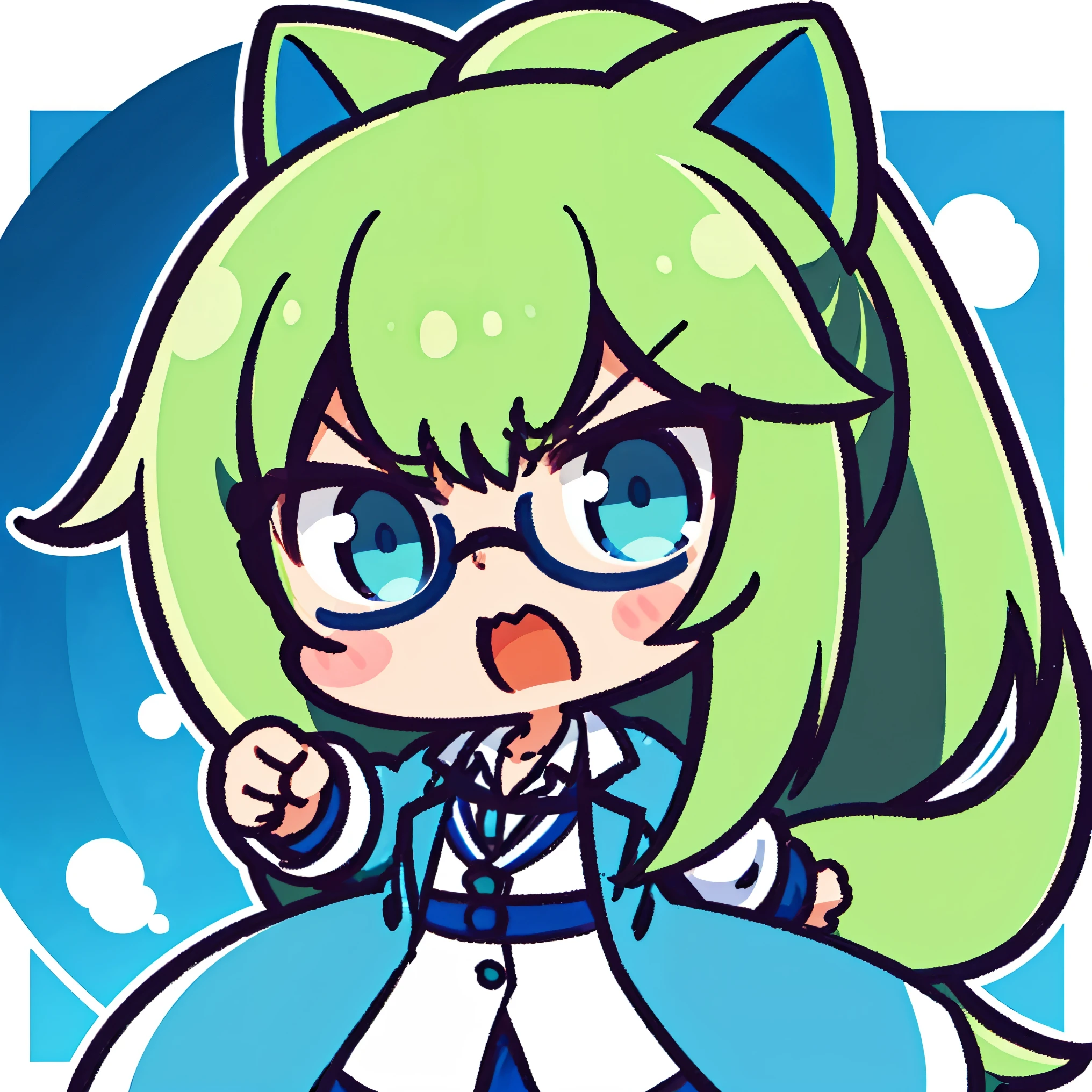 1girl,chibi,face close-up, long green pony tail, blue eyes, glasses, angry, scowl, lab coat