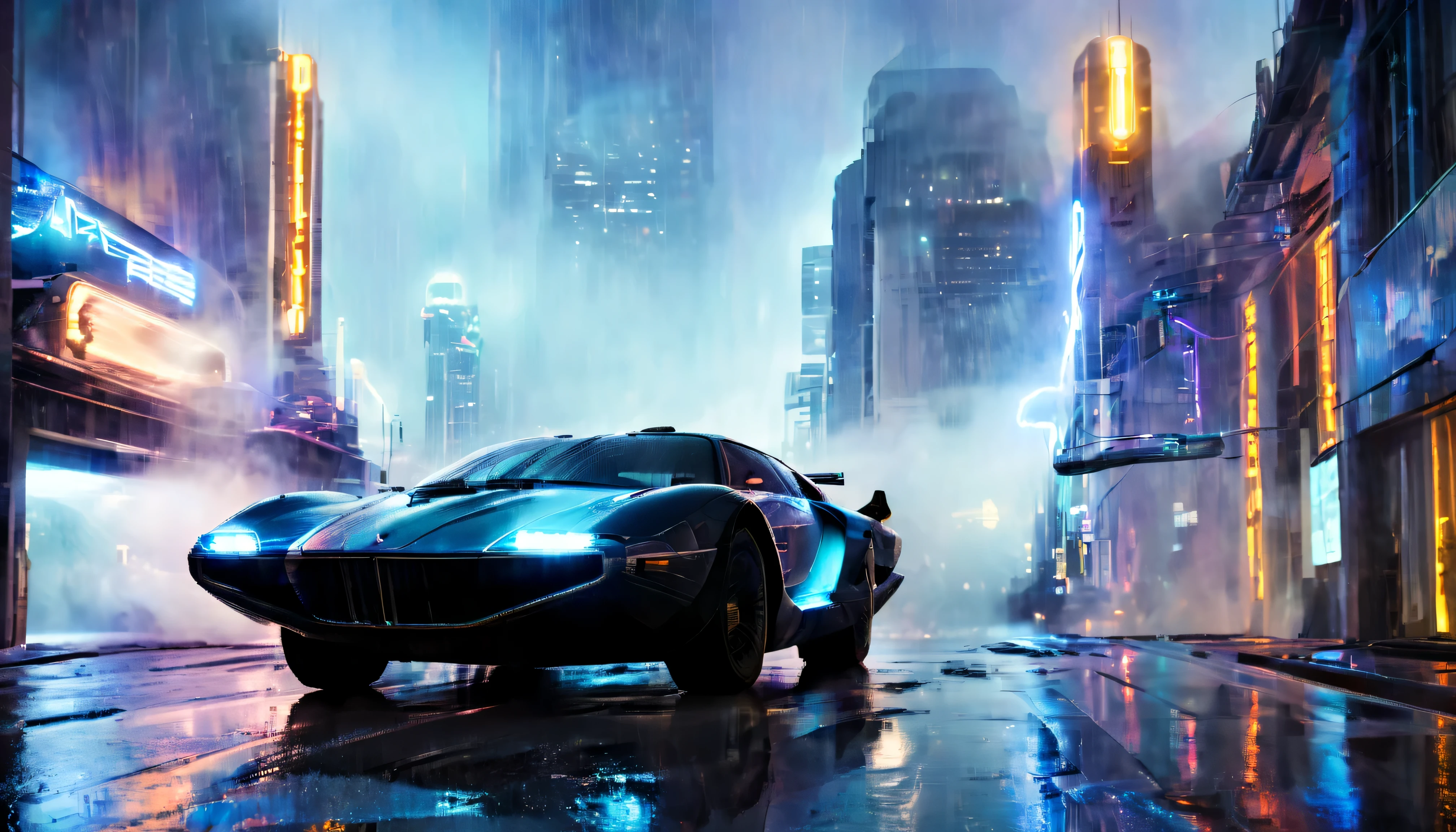 (best quality,highres),sci-fi,Blade Runner movie,flying car,cinematic shot,nighttime cityscape,neon lights,heavy rain,futuristic technology,UHD,moody atmosphere,urban decay,gritty and dark,industrial setting,chrome details,film noir aesthetic,retro-futuristic design,dystopian city,electric blue hues,bokeh lighting,rain-soaked streets,glowing advertisements,surreal ambiance,hauntingly beautiful,urban sprawl,reflections in puddles,hovering vehicles,atmospheric perspective,steam rising from the streets,blurred motion,immersive experience,cyberpunk vibes,artificial intelligence,apocalyptic future,sleek and futuristic,urban jungles,shadowy figures in the alleyways.