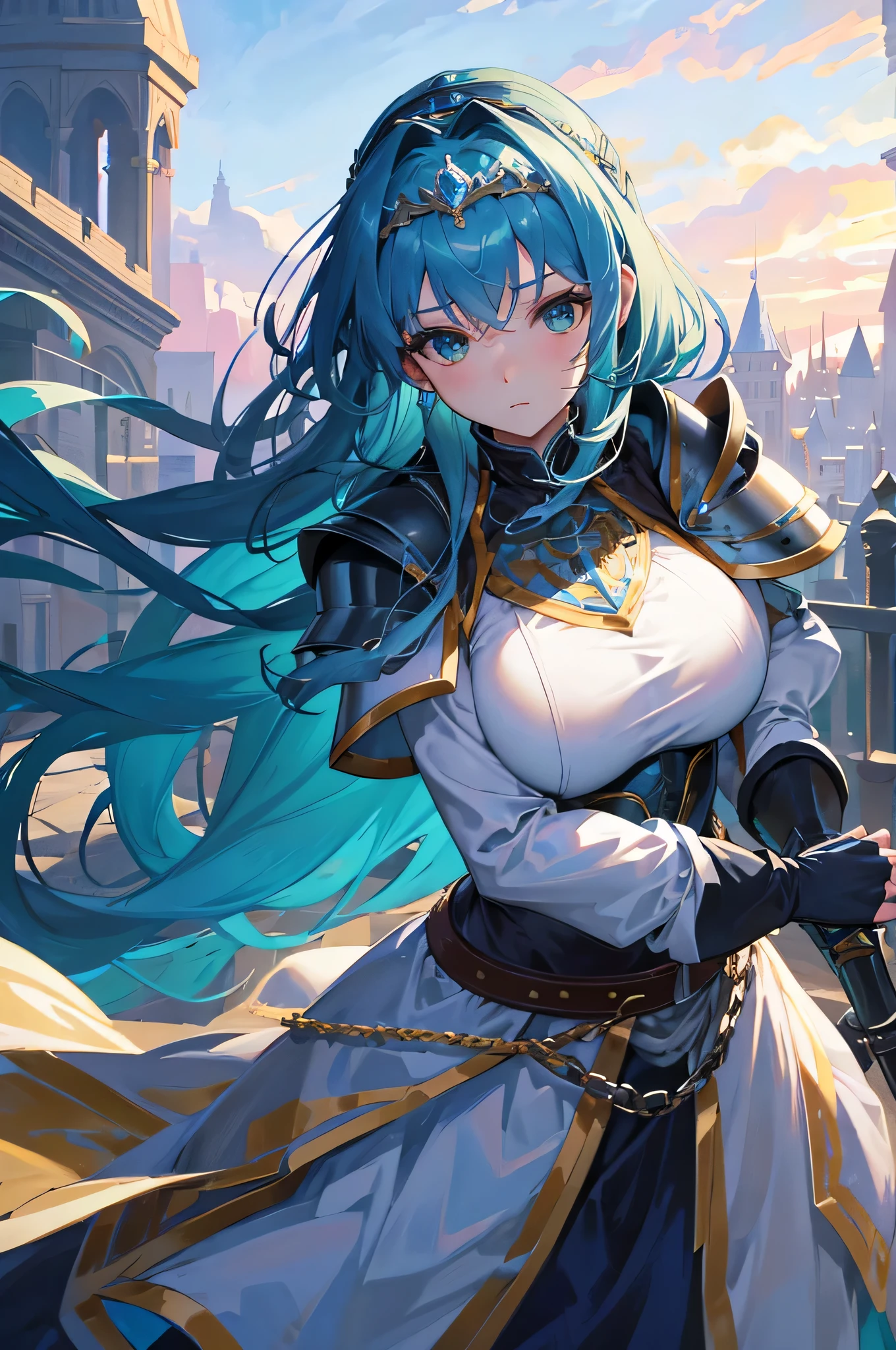 4k,High resolution,one woman,blue hair,long hair,green eyes,big breasts,Princess Knight,princess dress,knight armor,heavy armor,princess tiara,Night visor,long sword,medieval castle