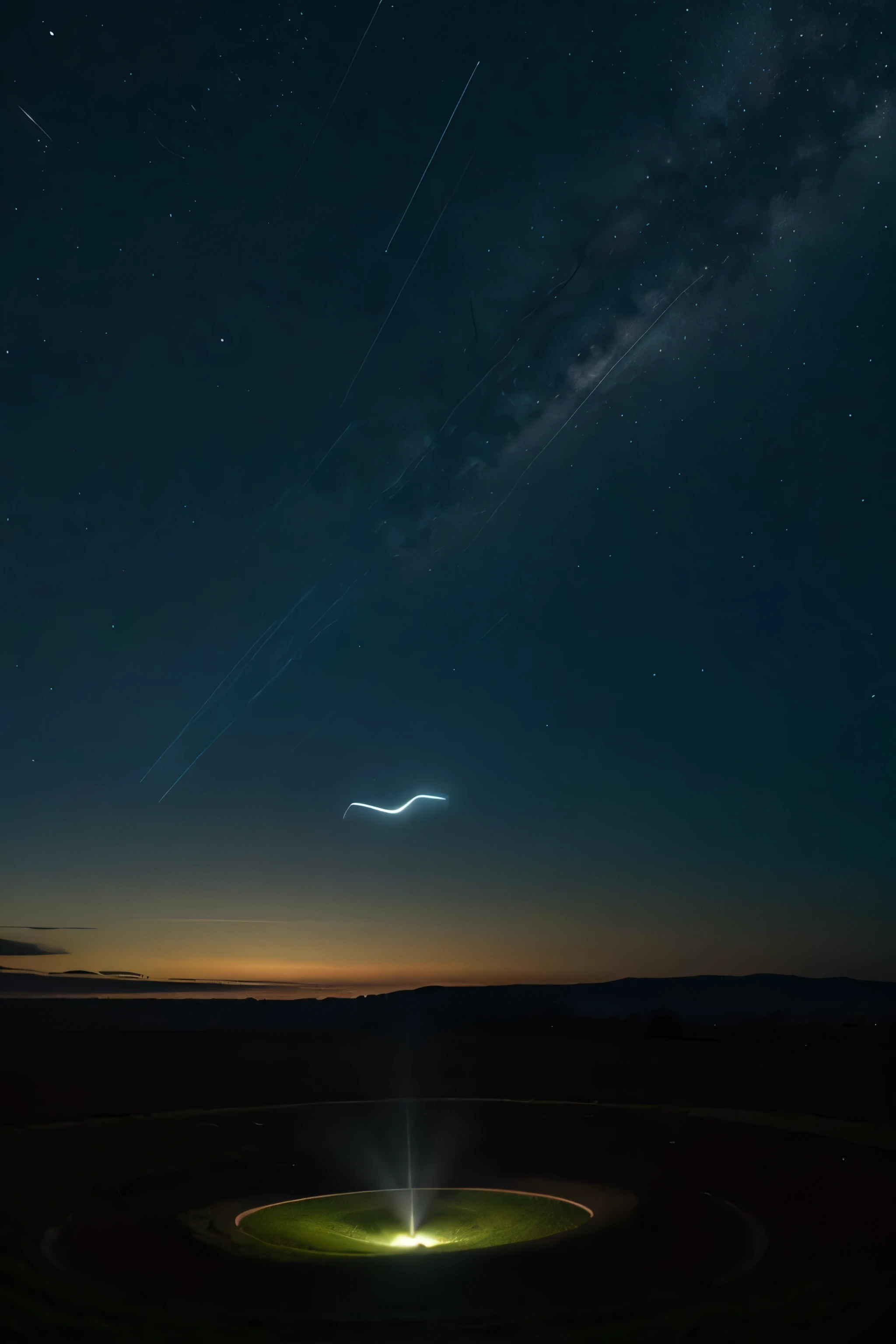 A imagem mostra um objeto misterioso domina a cena. Um OVNI (unidentified flying object) its curved aerodynamic shape contrasting with the night sky. Uma suave luz verde irradia de suas bordas, illuminating the soil of a plantation.