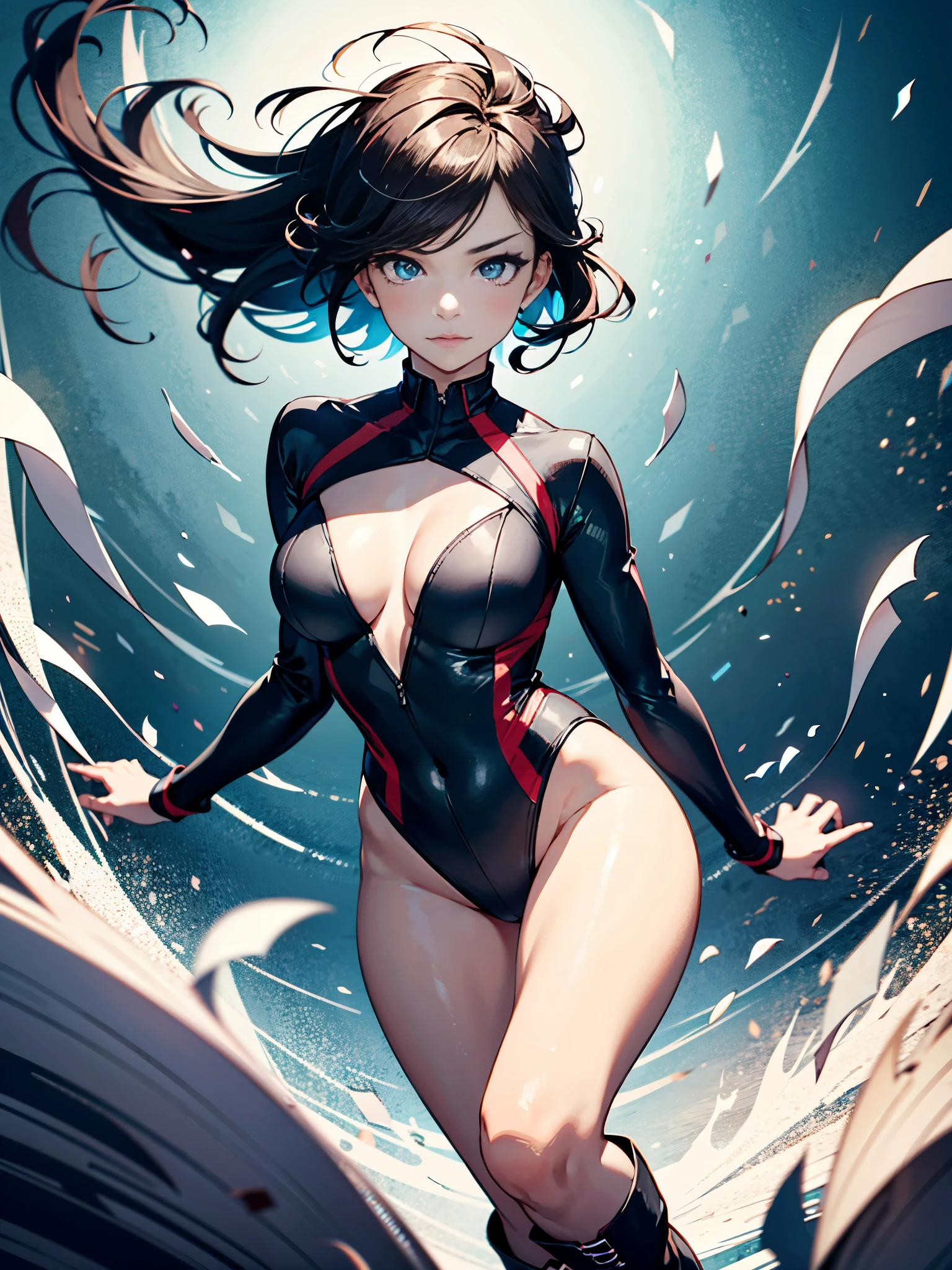 1girl, solo focus, superhero, leotard, highleg leotard, bare legs, boots, mature lady, spinning her body in rapid speed like a tornado, wind swirls, rapid gyration, tornado spinning girl, tornado spin, turning to a whirlwind, ultra highres, absurdres, beautiful face, detailed eyes, symmetric eyes