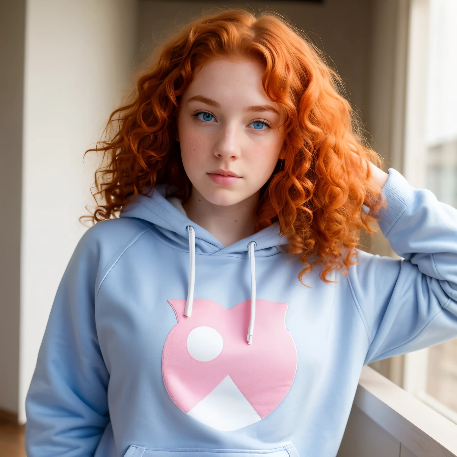 , pawg, redhead hair, curly hair, pale skin, white skin, blue eyes, with sweatshirt pink, realistic