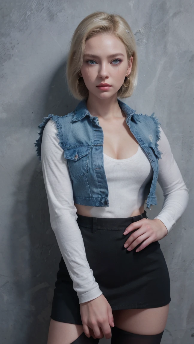 Best Quality, hight resolution, shoot from below, a tomboy fighter with a tiny man standing beside her, very tall girl, huge giantess girl and a tiny man stand beside her, muscular, tough girl, abs, biceps, fierce looks, red eyes, her hair is blonde pixie short hair with a white pilot hat, wearing short sleeves pilot Vest, open vest, long black baggy jeans, wearing sport shoes, huge giantess girl sitting crossed legs on a car roof, long legs, fair light skin, full body pictures, perspective from below, and a guy height to her waist