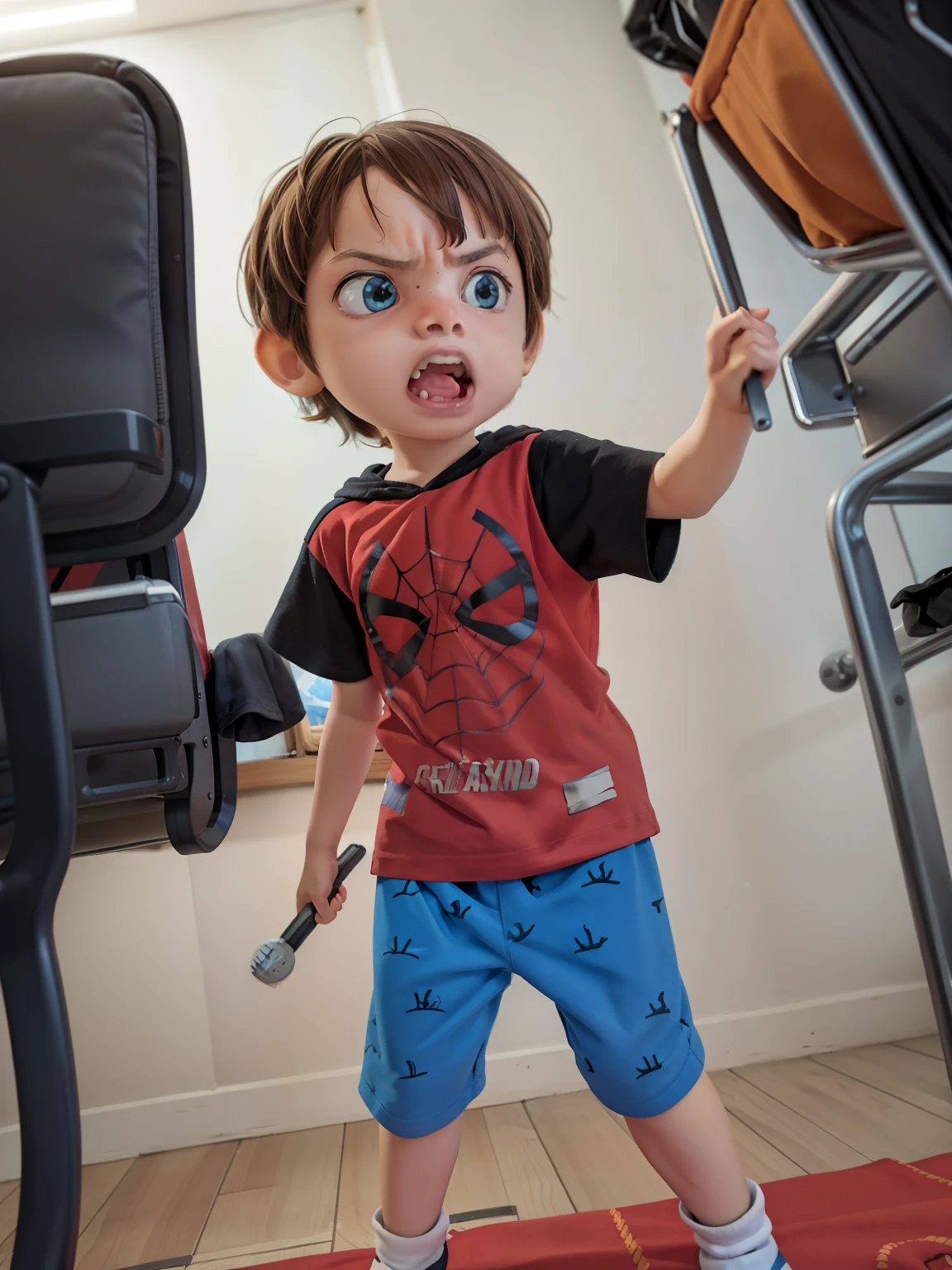 (((Comic Style, cartoon art))). TME0224 (((a angry kid, ***))), sideways, with arms crossed style , wearing a spider-man costume. Bad Boy Style . highly detailed, detailed face, realistic, cinematic lighting, studio quality, professional, detailed face, intricate, vivid colors.