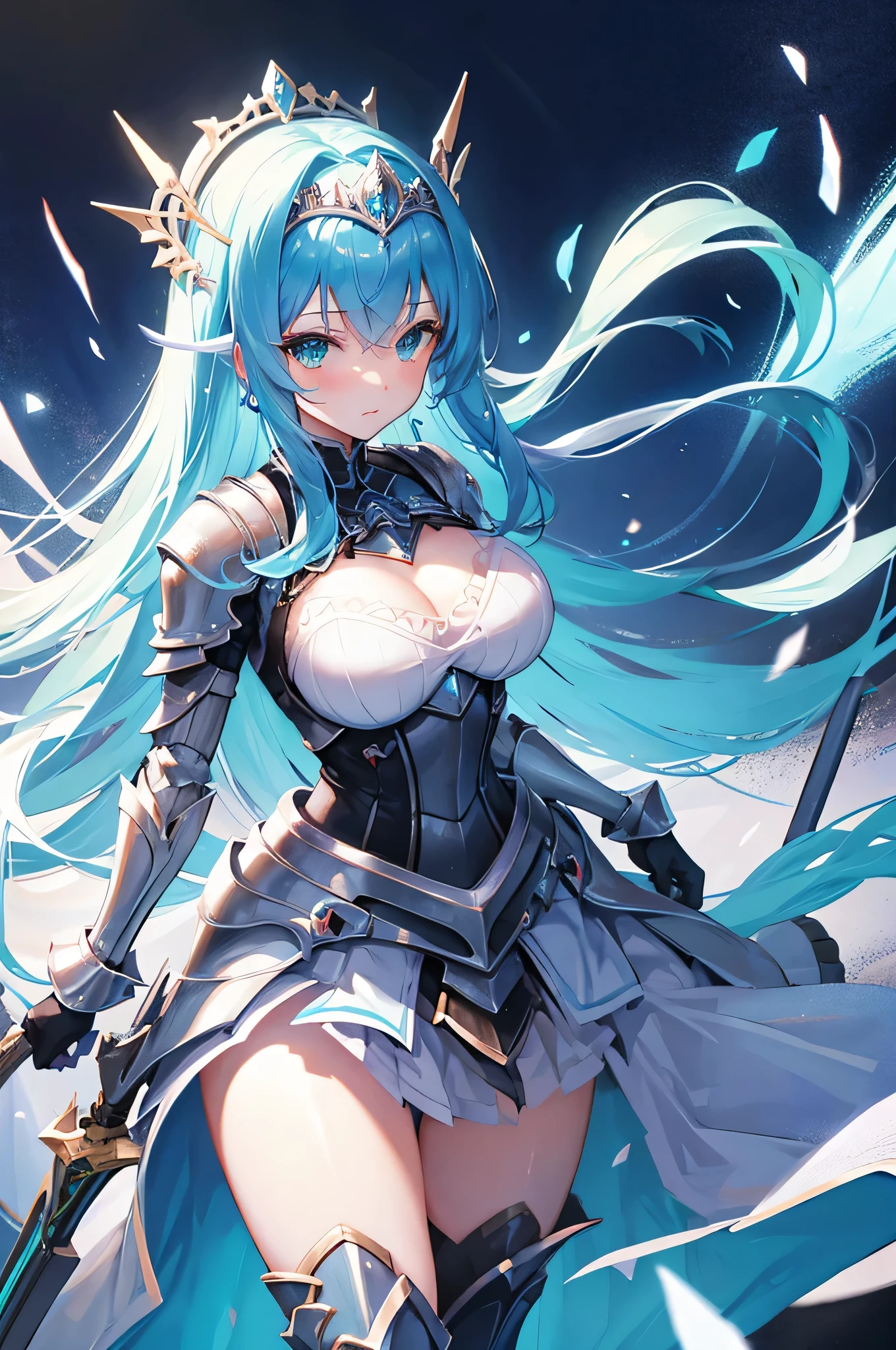 4k,High resolution,one woman,blue hair,long hair,green eyes,big breasts,Princess Knight,princess dress,knight armor,heavy armor,princess tiara,Night visor,long sword,inside the dungeon