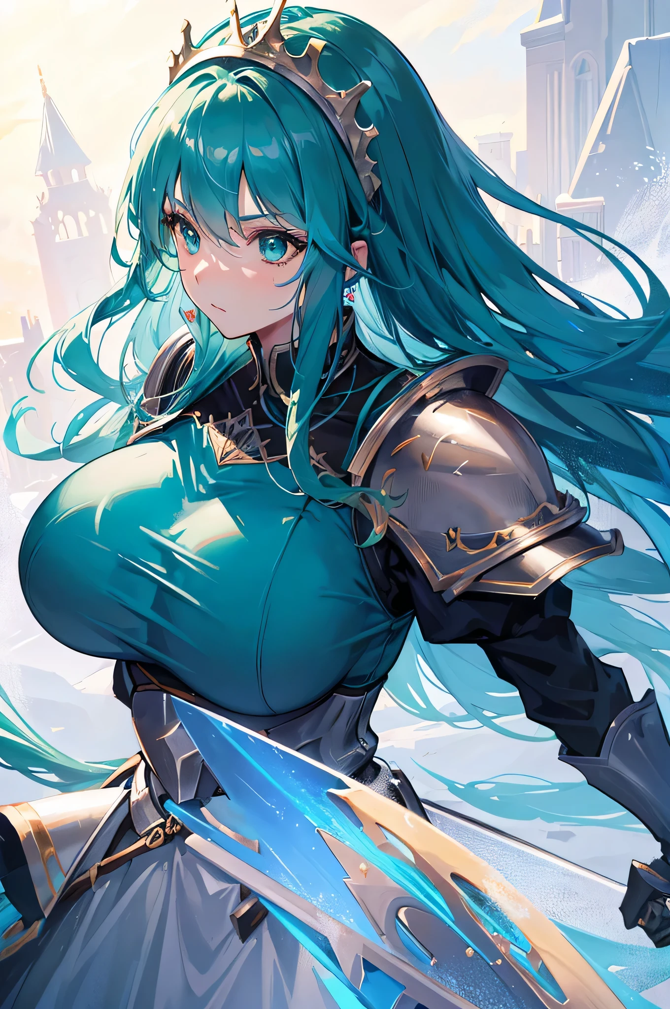 4K,hight resolution.One Woman,lightblue hair,poneyTail,Colossal tits,The brave,armor made of crystal,dress made of crystals,ice crystal,Snowflake,The sword,snow country
