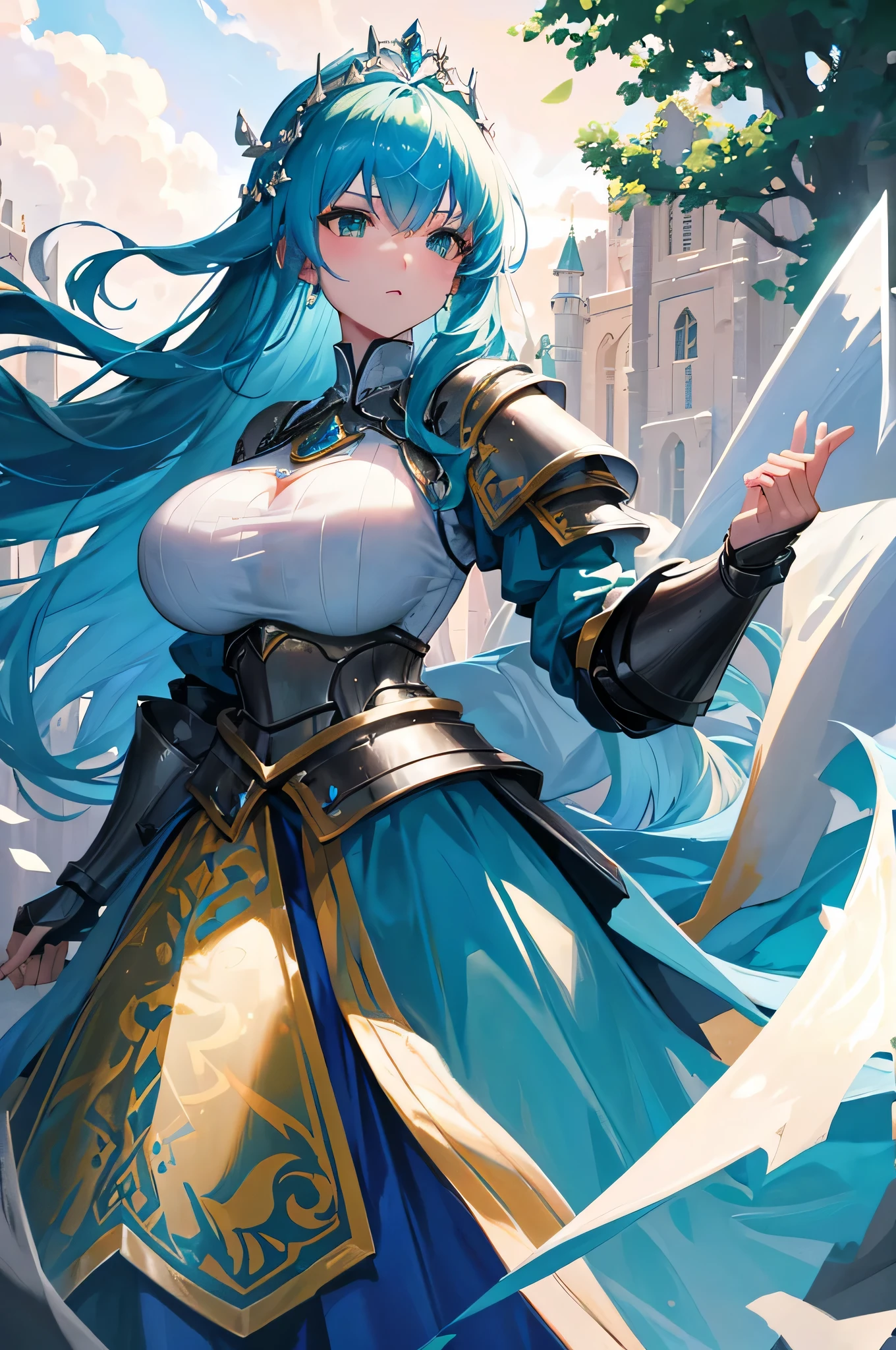 4k,High resolution,one woman,blue hair,long hair,green eyes,big breasts,Princess Knight,princess dress,knight armor,heavy armor,princess tiara,Night visor,long sword,medieval castle