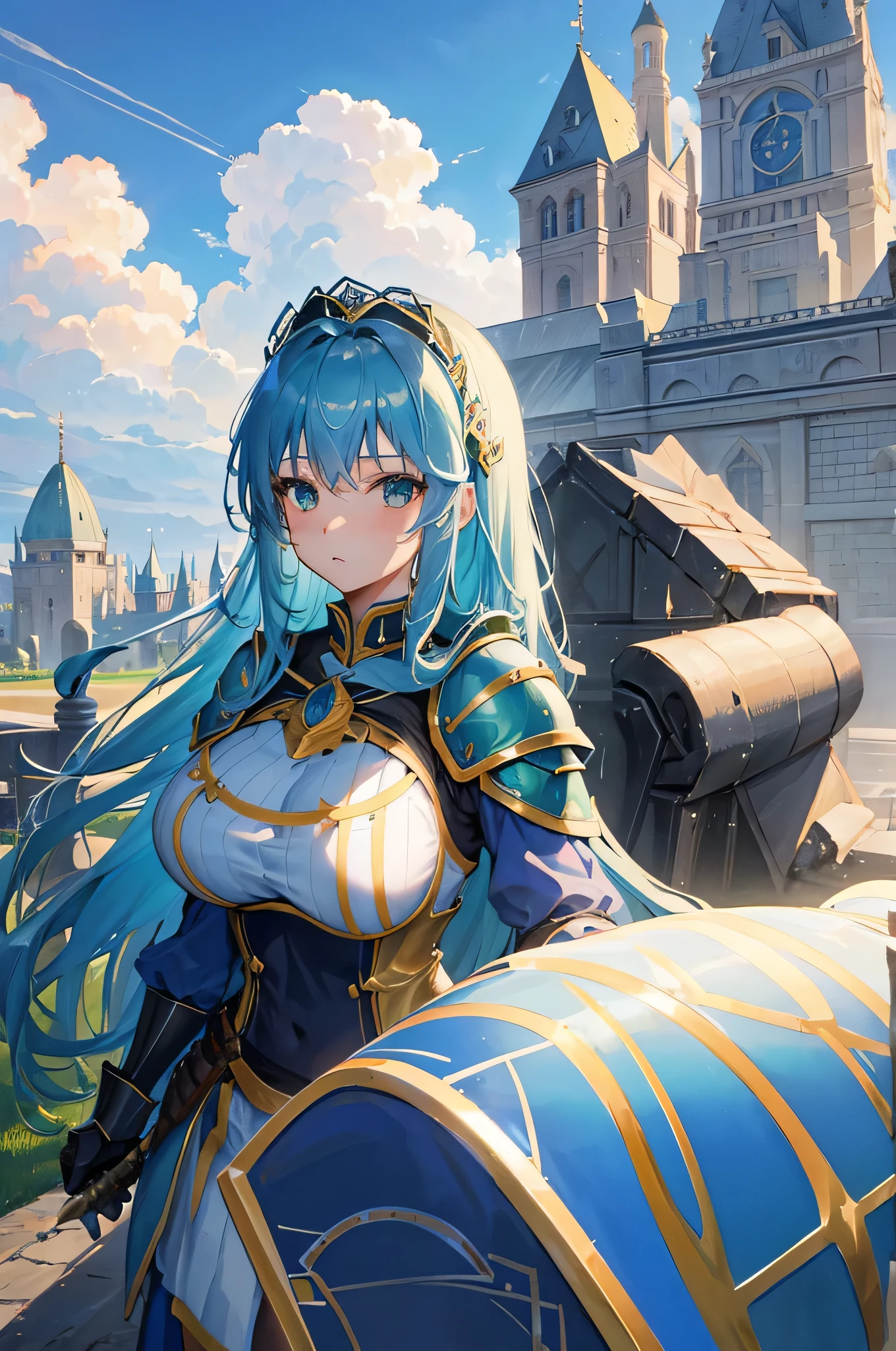 4k,High resolution,one woman,blue hair,long hair,green eyes,big breasts,Princess,Princess騎士,Princessのドレス,knight armor,heavy armor,Princessのティアラ,Night visor,long sword,medieval castle