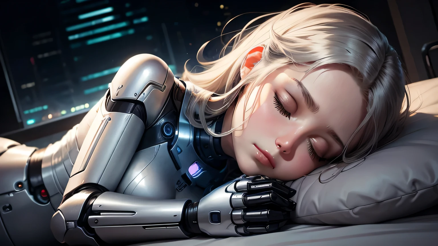 Female robot sleeping comfortably in bed close your eyeachine body Background is bedroom at night