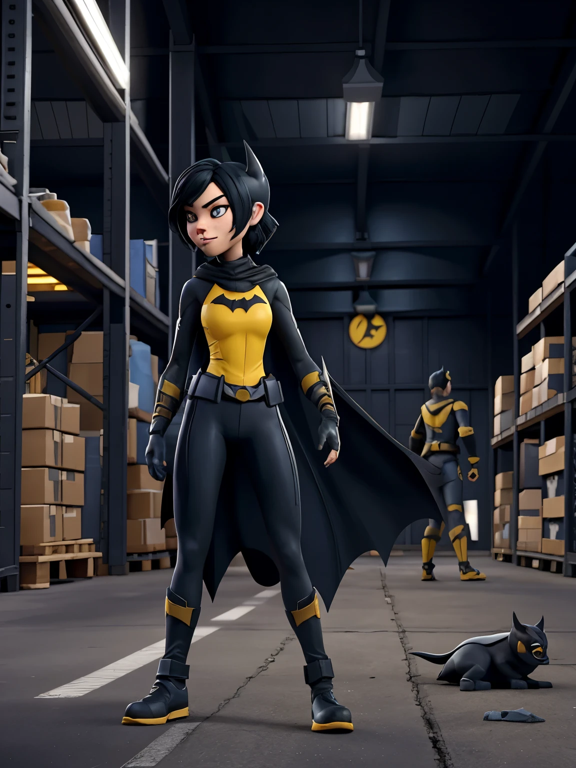 Cassandra Cain, from the Batgirl comic books, wearing her all black Batsuit with a yellow Bat-emblem on the chest, not wearing the cape and cowl, in a warehouse walking away from a trap, barefoot.