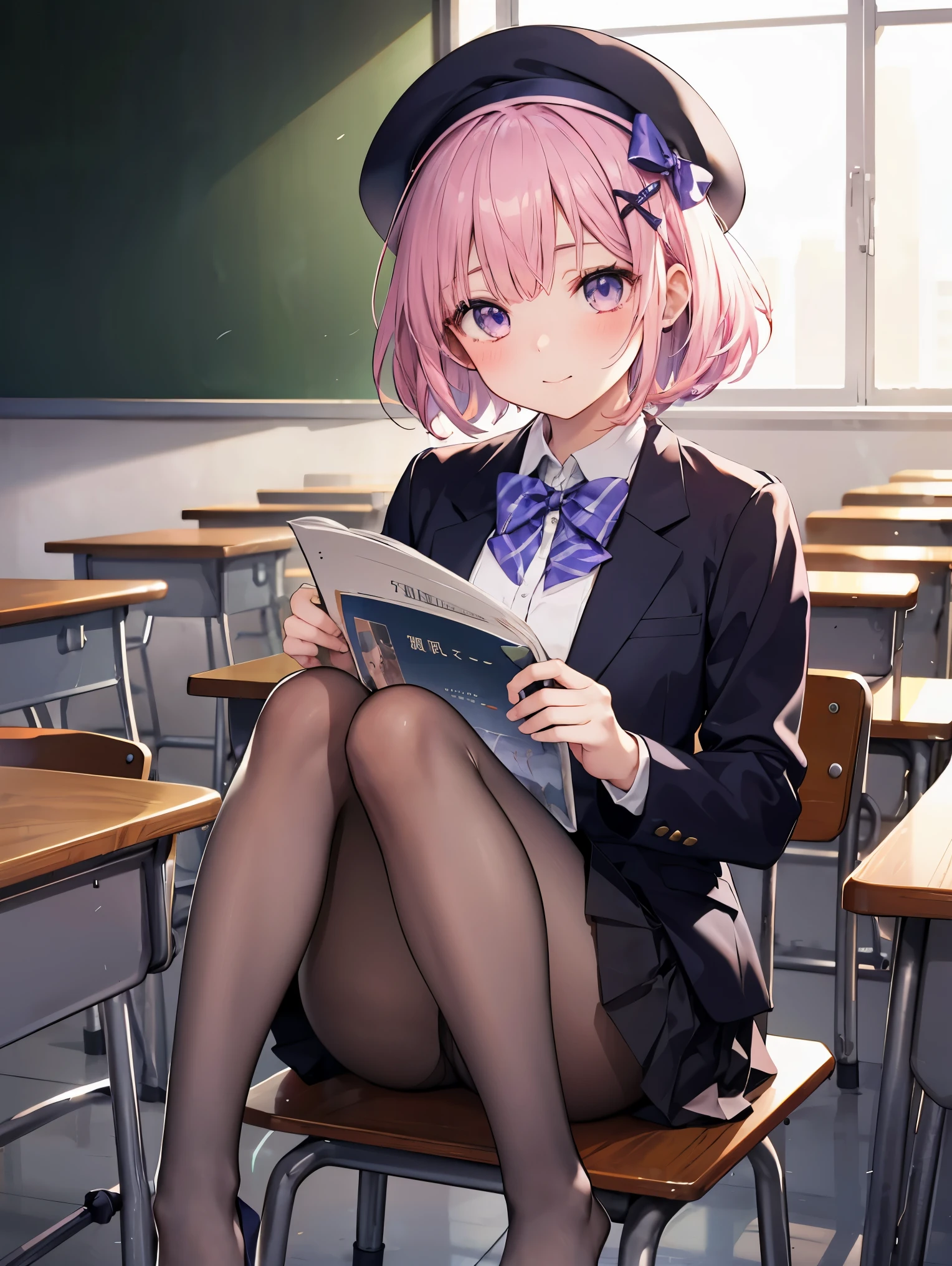 細部に至るまinの傑作、highest quality、realistic、1 girl、solo、18-year-old、Looks about 、140cm beautiful girl、、5 year old baby face、Silky hair、Gradient bob in the forward、pink and purple mesh、big vertical eyes、Outstanding looks、cute 、proximity、closed_mouth、laughter、blush、恥ずかしさinいっぱい、beret、pink bow tie、Branded uniforms、 青いblazer、blazer、pleated skirt、gray skirt、silk blouse、white blouse、feet、black tights、sit on top、classroom、hair_ornament、looking for_in_viewer、beiniful detailed eyes、realistic目、tights on、Not clear、professional effects、Not clear、enhanced elegance、Really ridiculous cuteness、cute
