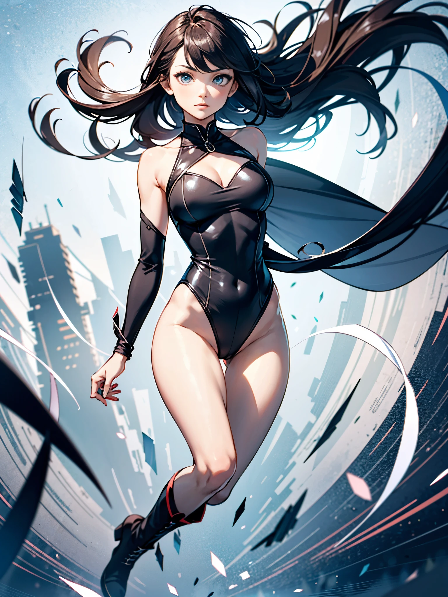 1girl, solo focus, superhero, leotard, highleg leotard, bare legs, boots, mature lady, spinning her body in rapid speed like a tornado, wind swirls, rapid gyration, tornado spinning girl, tornado spin, turning to a whirlwind, ultra highres, absurdres, beautiful face, detailed eyes, symmetric eyes