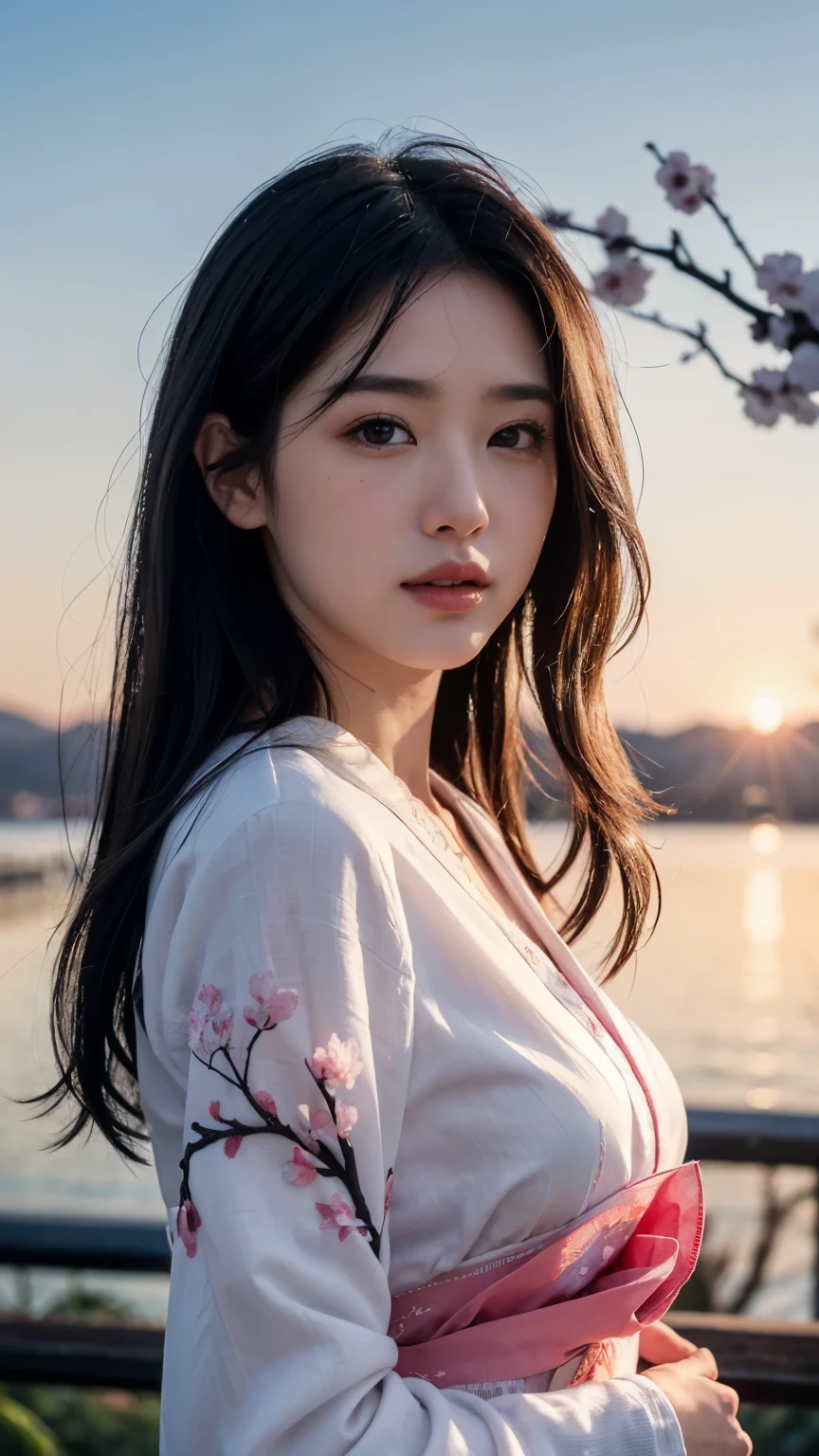 (logo、masterpiece、8k、table top、RAW photo、wonderful、最high quality、Photorealistic and hvery detailed CG integrated 8k wallpaper、high quality、very detailed、narrative poem、particle effects、dynamic effects、Depth of the bounds written、cinematic light、Lens flare、ray tracing)、fantasy、 (1 beautiful woman、white kimono、Japan Dresses、white cherry blossom pattern、White cherry blossom embroidery pattern、black haired、beautiful face、real face、beautiful details eyes beautiful skin)、Hair flutters in Wind、hair bounces、pink cherry tree、petals dance、SakuraFubuki、Spectacular view、sunrise、sun on background、Wind、god々、tooth、god話、vast land、