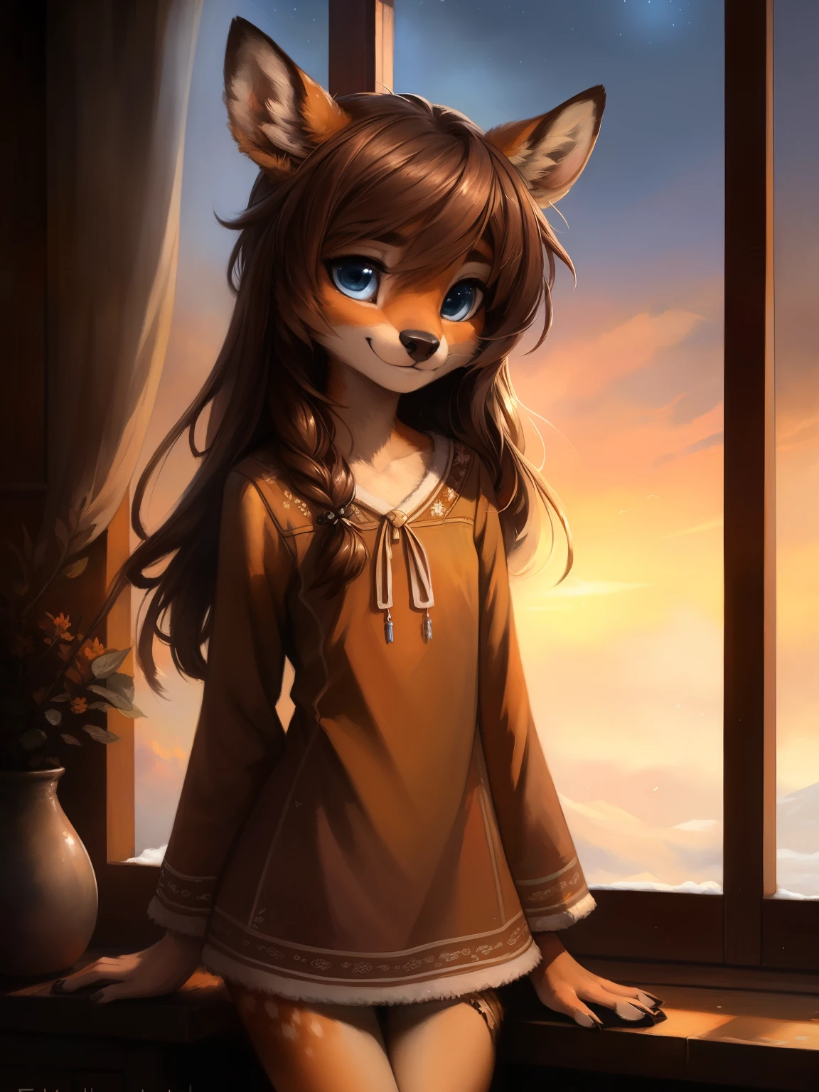 uploaded the e621, beautiful and detailed portrait of a (((female))) small very young solo age young anthro female deer doe with with small hips and a skinny body and ((clear navy blue eyes)), ( small legs and hips :1.5), small pelvis, Slim waist, wearing a comfy winter fullbody pijama, inside of a warm and cozy house or room, long brown hair, kenket, Ross Tran,ruan jia, uploaded to e621, zaush, foxovh, zenematic lighting, deer,full body, day, beautiful, messy hair, brown hair, 1girl, solo, night, smiling shyly, detailed,hair covering eyes, winter sky, black and brown hair, long hair floating in the wind, beautiful, (sublime: 1.0), (Extremely sensitive: 1.0),