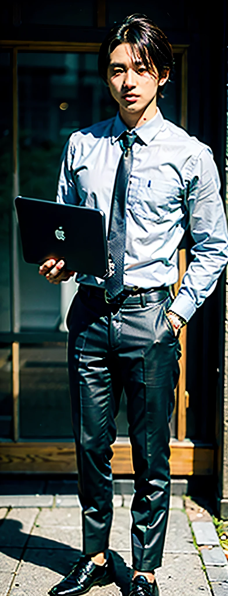 An ultra-detailed HD image of a Japanese man holding a laptop, looking to the left side with a serious expression and posing for a photo. O homem tem cabelo castanho, is wearing a tie, shoes and appears to be dressed in business attire. dedos perfeitos.