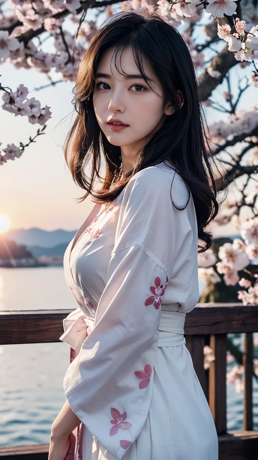 (logo、masterpiece、8k、table top、RAW photo、wonderful、最high quality、Photorealistic and hvery detailed CG integrated 8k wallpaper、high quality、very detailed、narrative poem、particle effects、dynamic effects、Depth of the bounds written、cinematic light、Lens flare、ray tracing)、fantasy、 (1 beautiful woman、white kimono、Japan Dresses、white cherry blossom pattern、White cherry blossom embroidery pattern、black haired、beautiful face、real face、beautiful details eyes beautiful skin)、Hair flutters in Wind、hair bounces、pink cherry tree、petals dance、SakuraFubuki、Spectacular view、sunrise、sun on background、Wind、god々、tooth、god話、vast land、