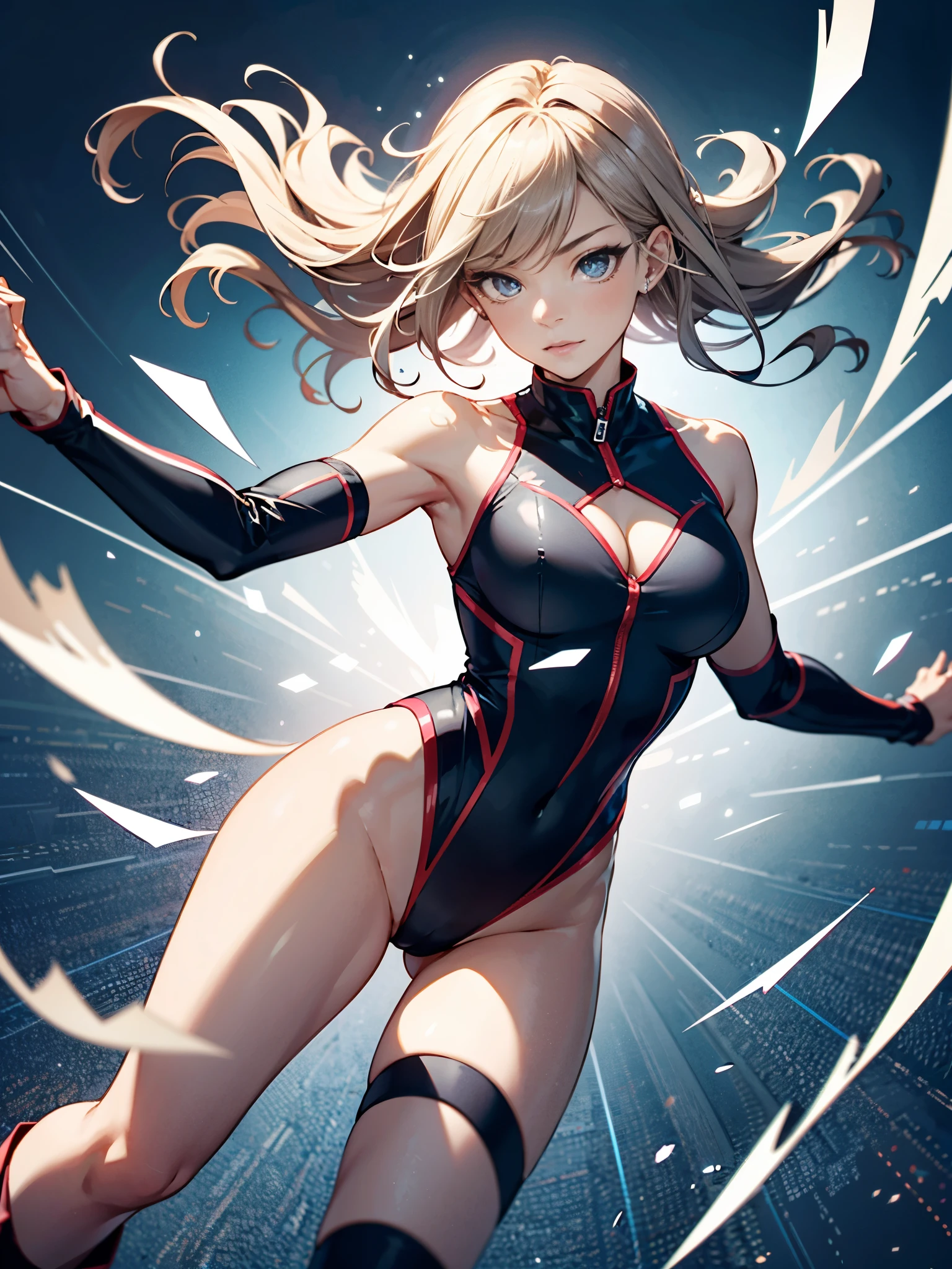 1girl, solo focus, superhero, leotard, highleg leotard, bare legs, boots, mature lady, spinning her body in rapid speed like a tornado, wind swirls, rapid gyration, tornado spinning girl, tornado spin, turning to a whirlwind, ultra highres, absurdres, beautiful face, detailed eyes, symmetric eyes