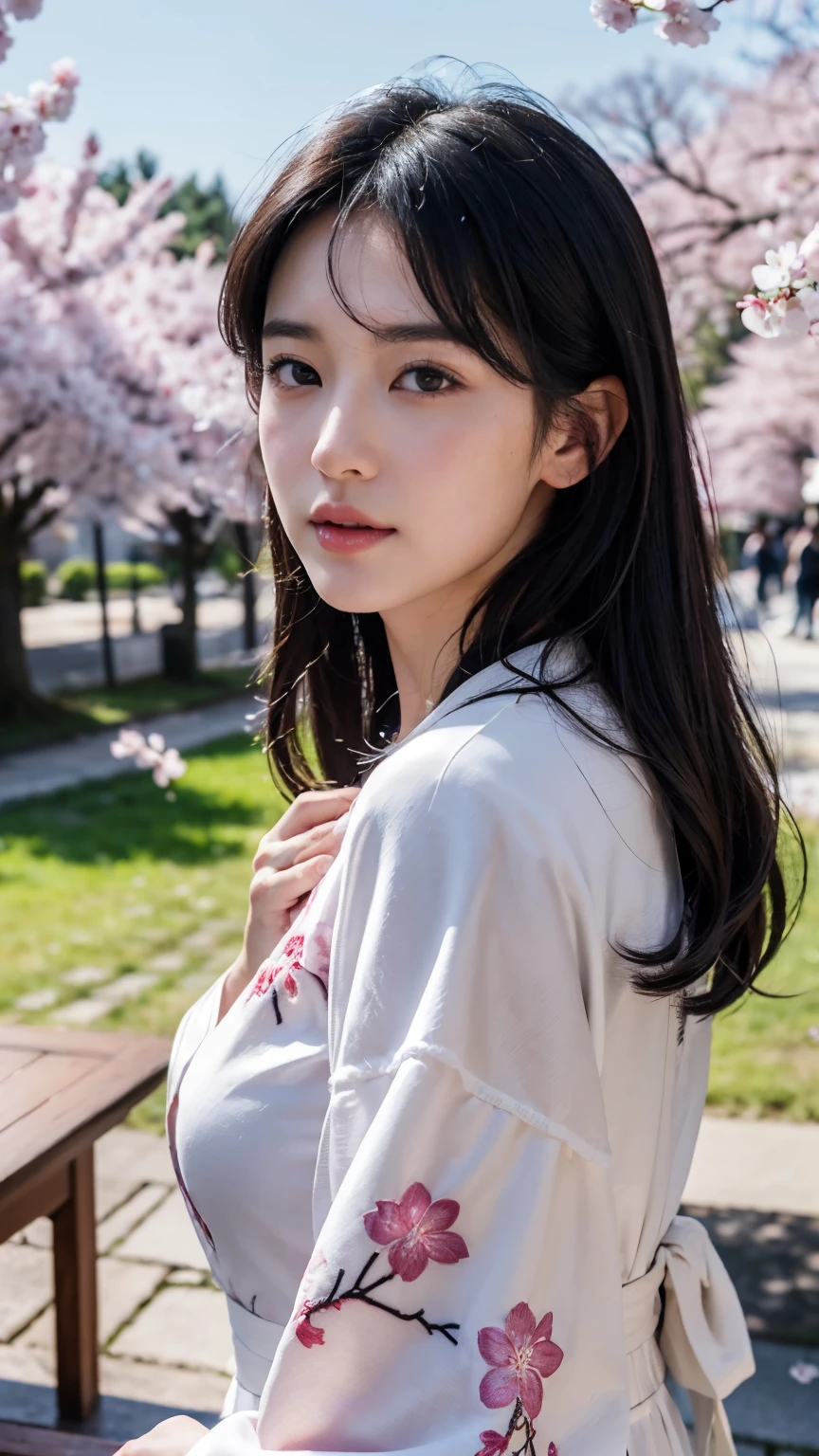 (logo、masterpiece、8k、table top、RAW photo、wonderful、最high quality、Photorealistic and hvery detailed CG integrated 8k wallpaper、high quality、very detailed、narrative poem、particle effects、dynamic effects、Depth of the bounds written、cinematic light、Lens flare、ray tracing)、fantasy、 (1 beautiful woman、white kimono、Japan Dresses、white cherry blossom pattern、White cherry blossom embroidery pattern、black haired、beautiful face、real face、beautiful details eyes beautiful skin)、Hair flutters in Wind、hair bounces、pink cherry tree、petals dance、SakuraFubuki、Spectacular view、sunrise、sun on background、Wind、god々、tooth、god話、vast land、