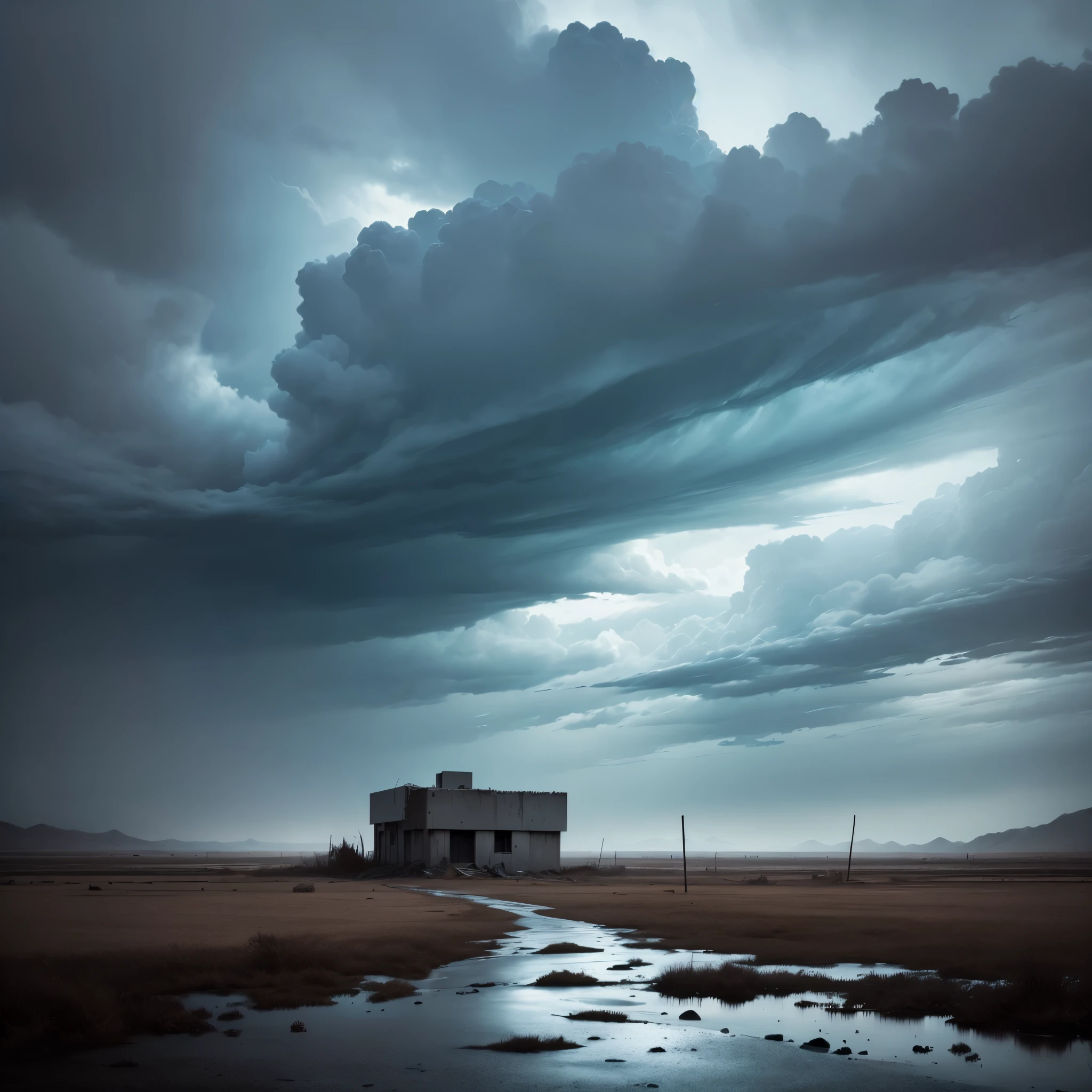 It is a desolate, sad place, it is very scary to be there, it is night and a storm is approaching, ((there are no people))