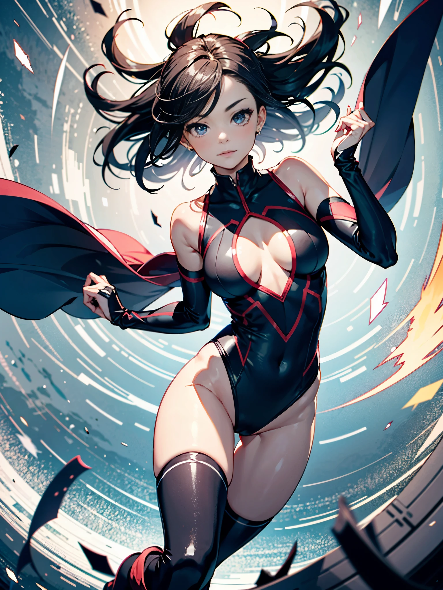 1girl, solo focus, superhero, leotard, highleg leotard, bare legs, boots, mature lady, spinning her body in rapid speed like a tornado, wind swirls, rapid gyration, tornado spinning girl, tornado spin, turning to a whirlwind, ultra highres, absurdres, beautiful face, detailed eyes, symmetric eyes