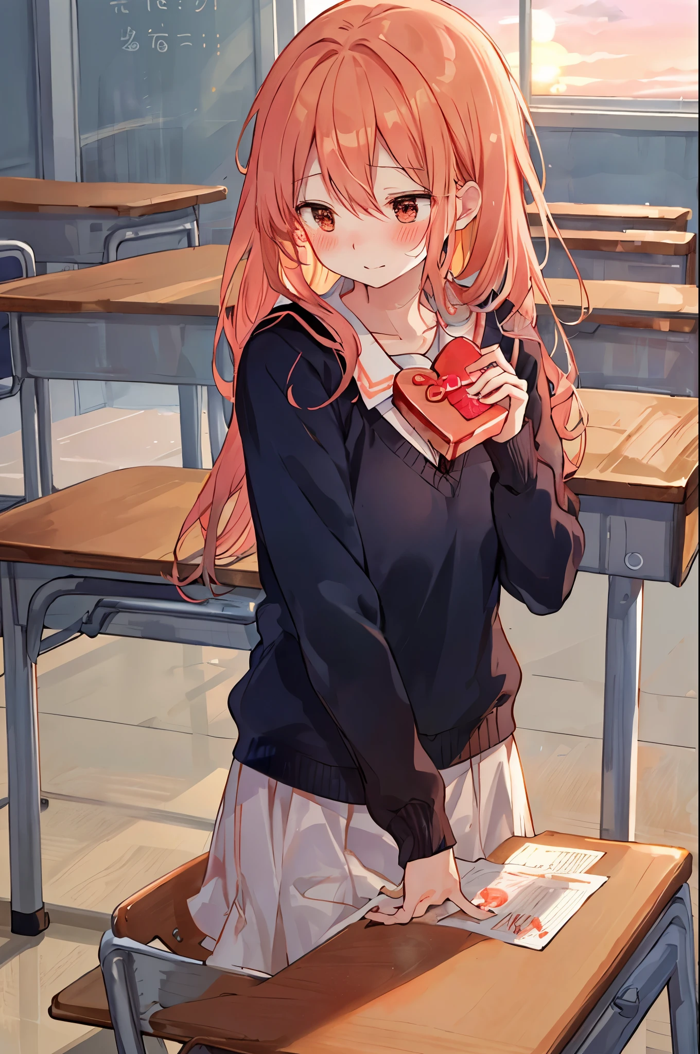 The classroom turns orange as the setting sun shines through it、give out valentine chocolate、blush、She hands him the chocolate while looking away shyly.、