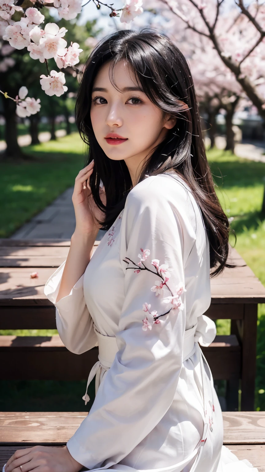 (logo、masterpiece、8k、table top、RAW photo、wonderful、最high quality、Photorealistic and hvery detailed CG integrated 8k wallpaper、high quality、very detailed、narrative poem、particle effects、dynamic effects、Depth of the bounds written、cinematic light、Lens flare、ray tracing)、fantasy、 (1 beautiful woman、white kimono、Japan Dresses、white cherry blossom pattern、White cherry blossom embroidery pattern、black haired、beautiful face、real face、beautiful details eyes beautiful skin)、Hair flutters in Wind、hair bounces、pink cherry tree、petals dance、SakuraFubuki、Spectacular view、sunrise、sun on background、Wind、god々、tooth、god話、vast land、
